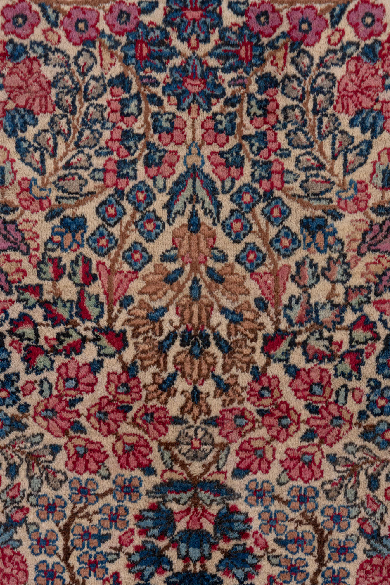 2' x 10' one-of-a-kind handmade vintage Kerman runner rug. Color palette: brown, dim gray, gray, pink, red