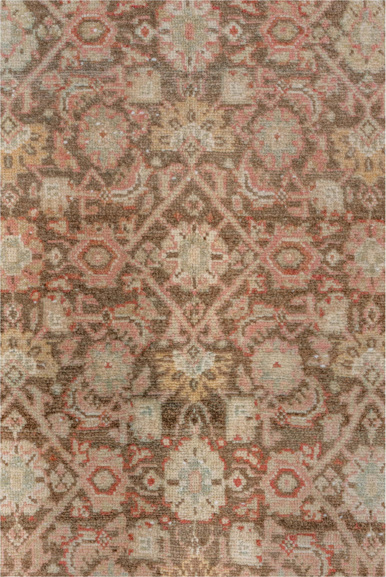 3' x 13' one-of-a-kind handmade vintage Malayer runner rug. Color palette: brown, gray, light gray, off-white, orange, pink