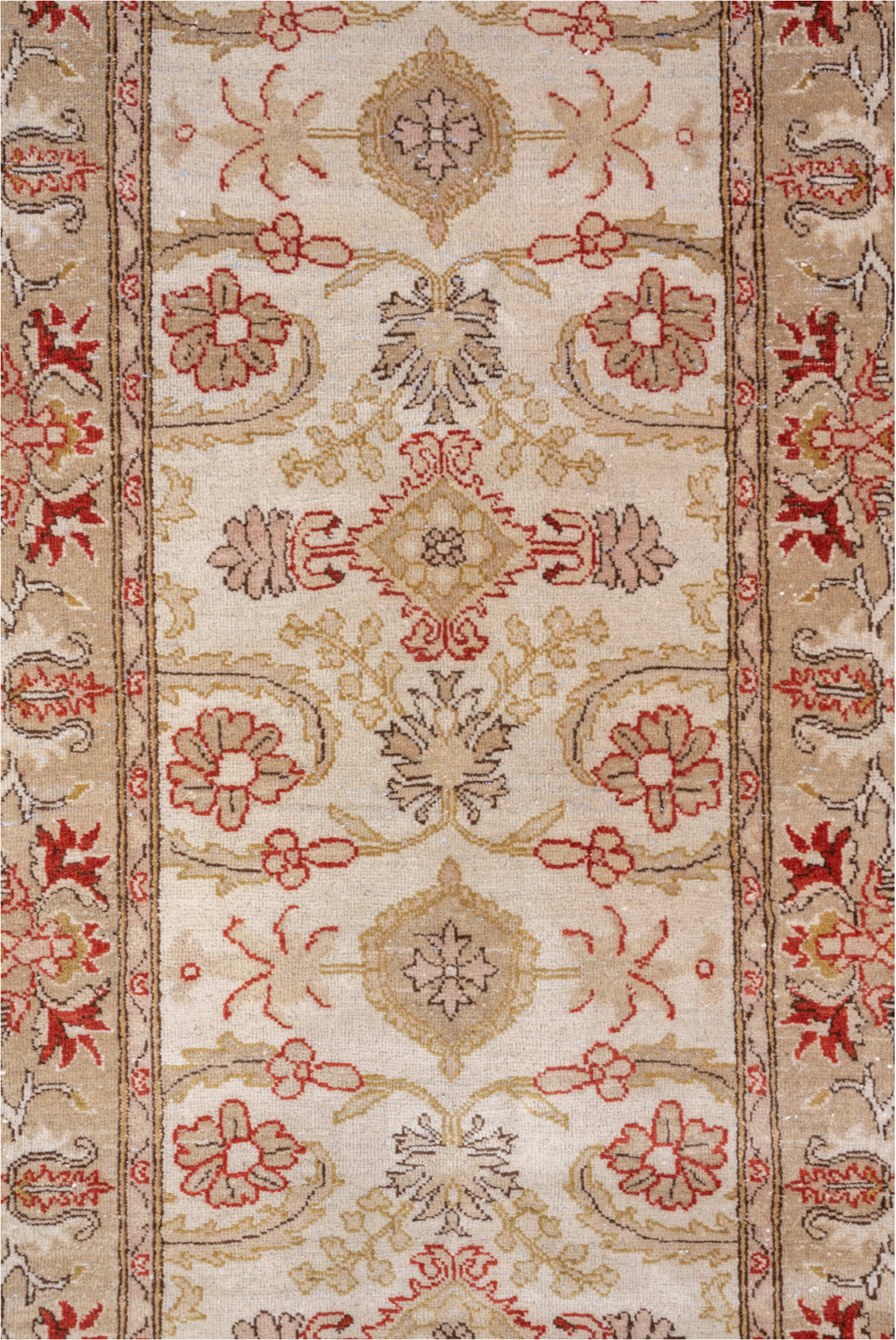 2' x 10' one-of-a-kind handmade vintage Tabriz runner rug. Color palette: brown, gray, light gray, off-white, pink, red