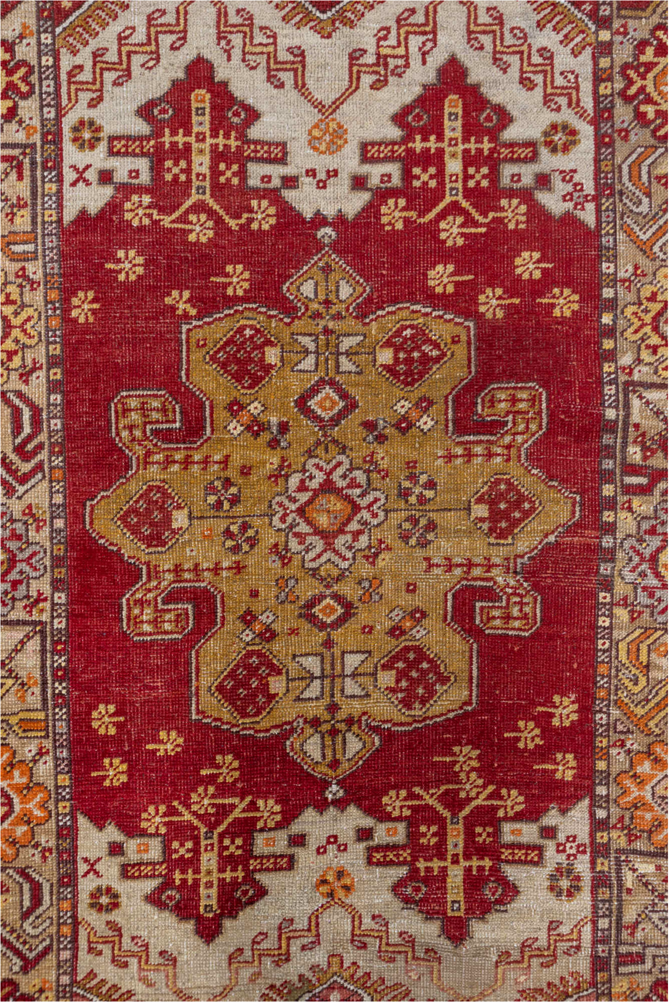 3' x 5' one-of-a-kind handmade vintage Oushak small size rug. Color palette: brown, fire brick, maroon, off-white, orange