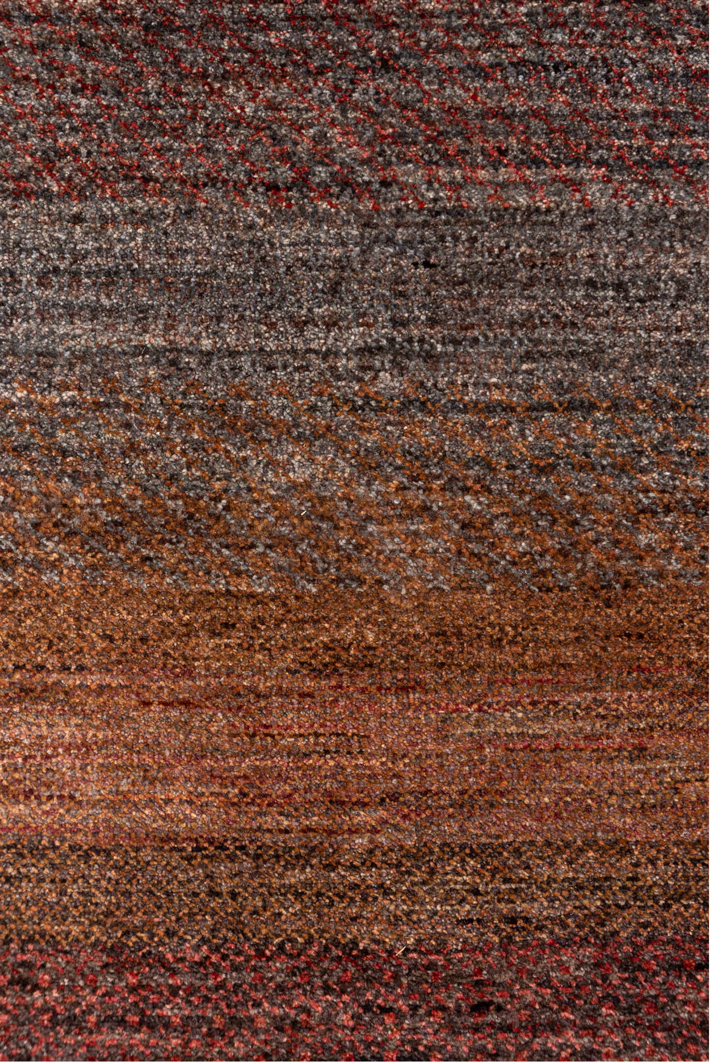 2' x 10' one-of-a-kind handmade vintage Gabbe runner rug. Color palette: brown, pink, gray, off-white, white, snow