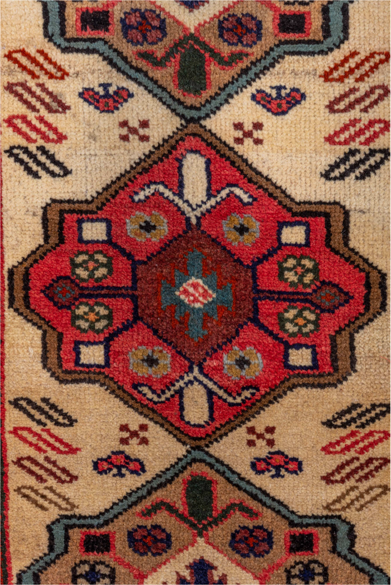 2' x 10' one-of-a-kind handmade vintage Veece runner rug. Color palette: brown, gray, orange, pink, red, tan