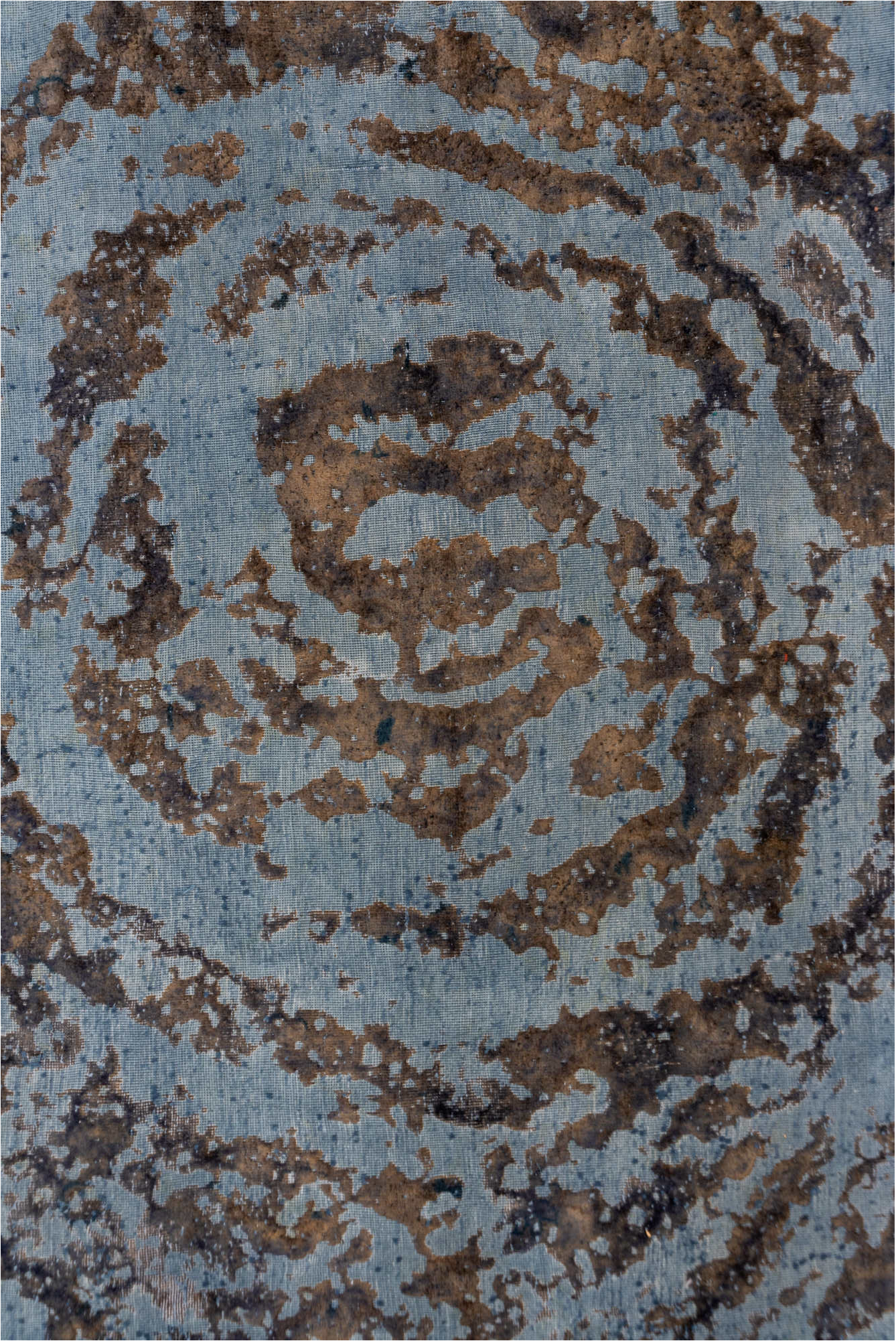 5' x 7' one-of-a-kind handmade vintage Overdyed rug. Color palette: black, blue, charcoal, fiord, gray, light blue