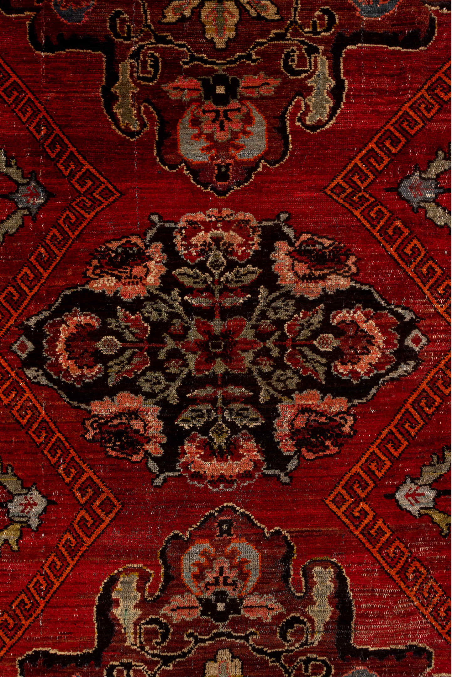 7' x 12' one-of-a-kind handmade vintage Kars large size rug. Color palette: red, brown, gray, pink