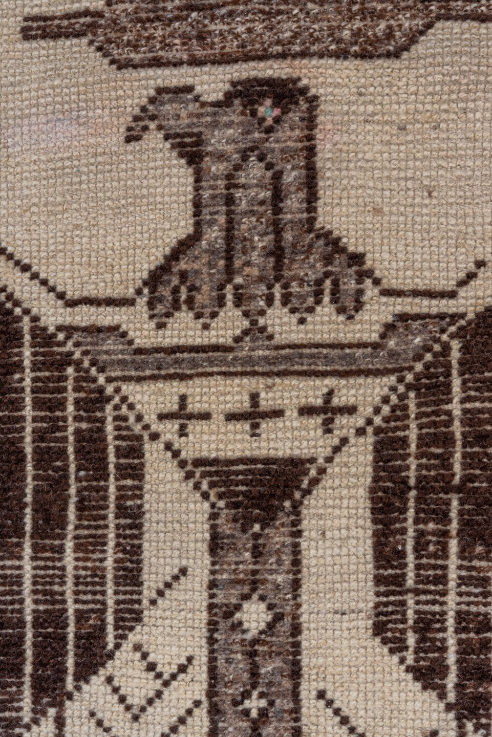 3' x 11' one-of-a-kind handmade vintage Kars runner rug. Color palette: gray, brown, light gray, off-white, black, white