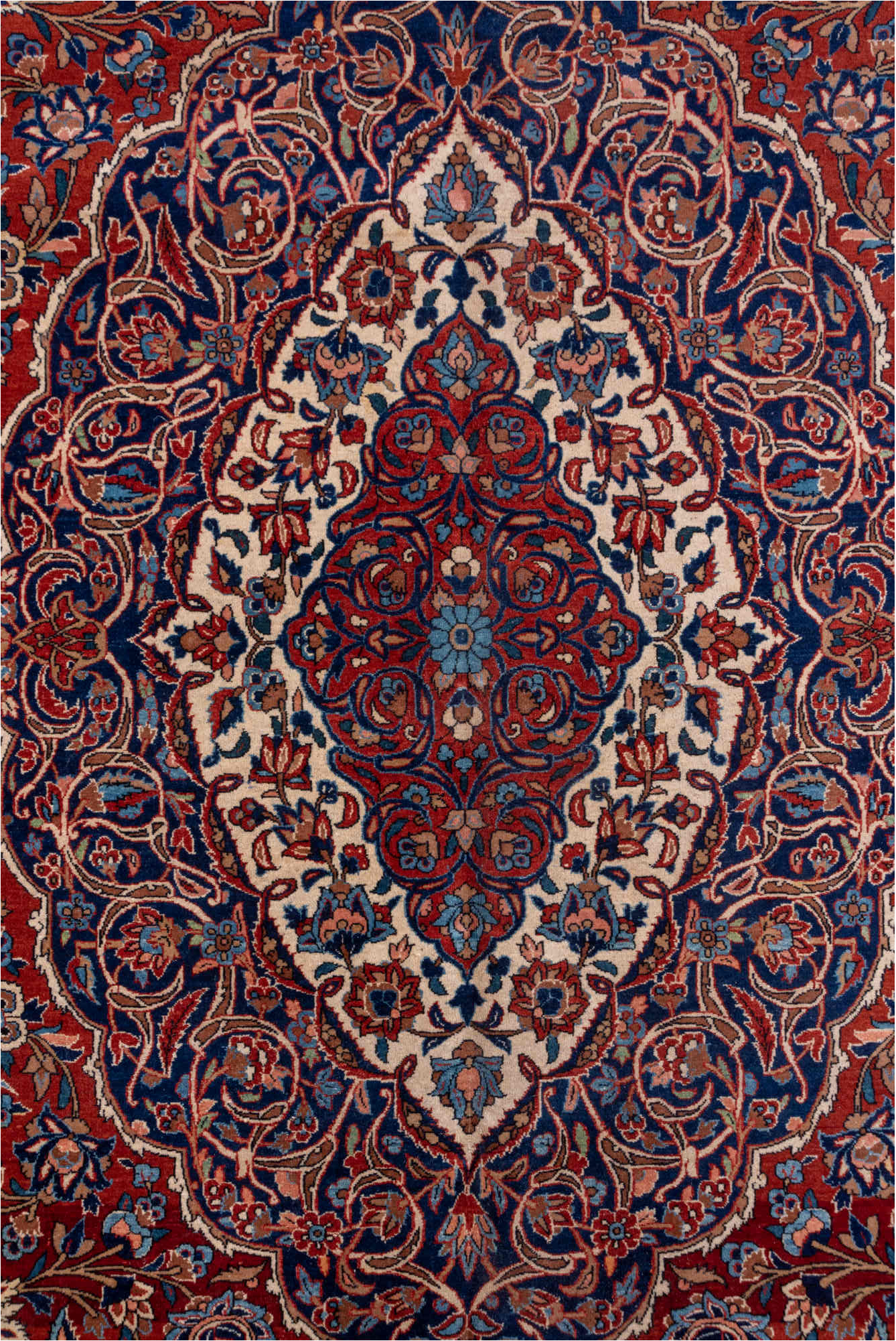 10' x 13' one-of-a-kind handmade vintage Isfahan large size rug. Color palette: blue, brown, gray, light gray