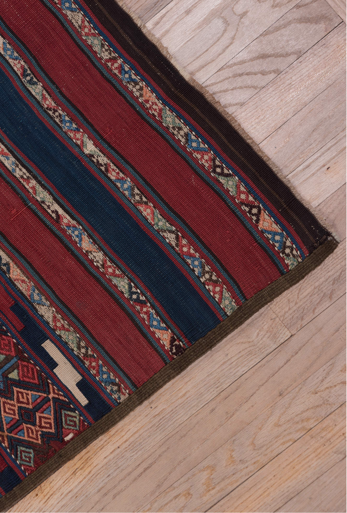 5' x 15' one-of-a-kind handmade vintage Kilim rug. Color palette: arapawa, blue, brown, gray, pink, red, slate gray