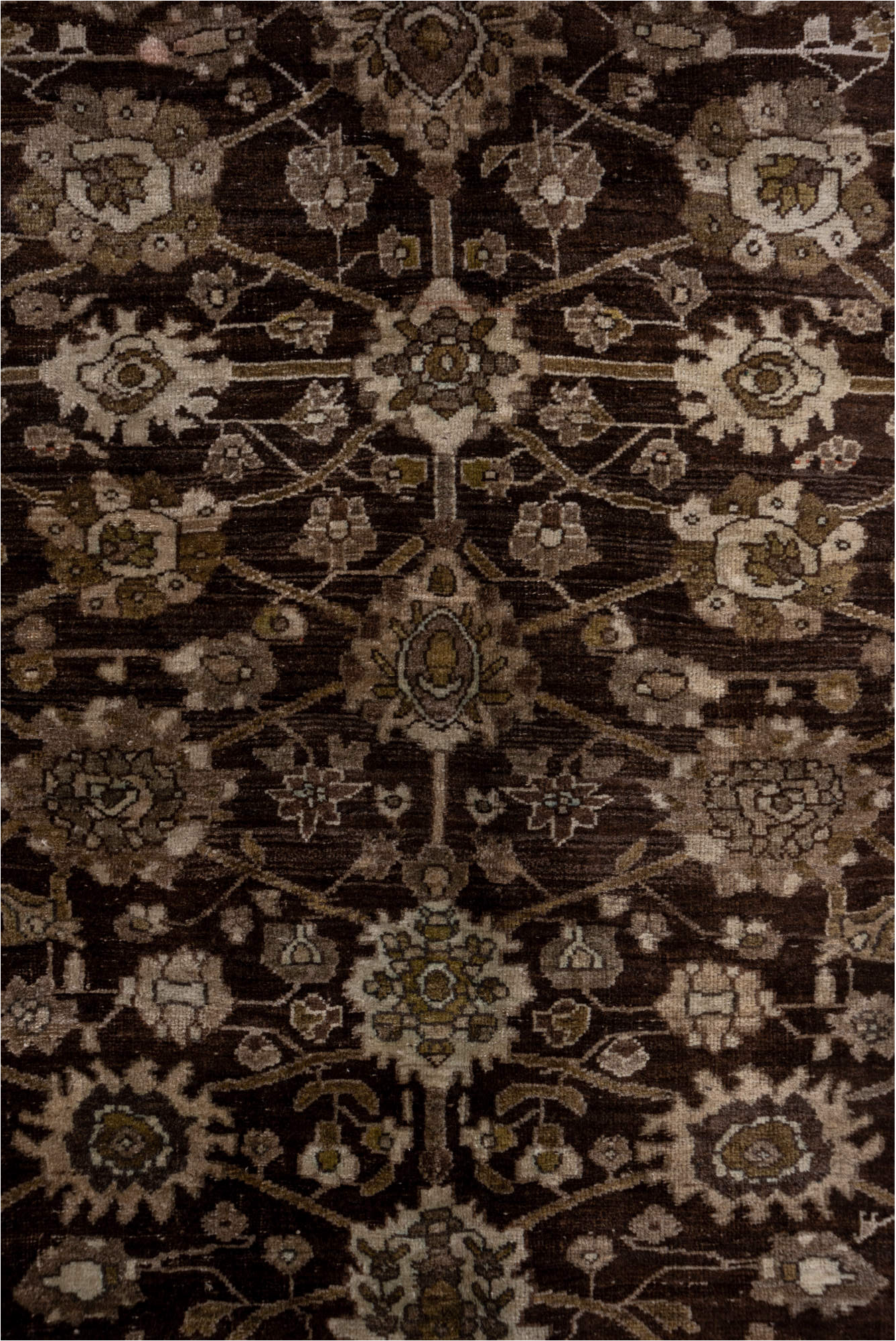 4' x 10' one-of-a-kind handmade vintage Bidjar runner rug. Color palette: brown, gray, light gray, off-white, pink, silver
