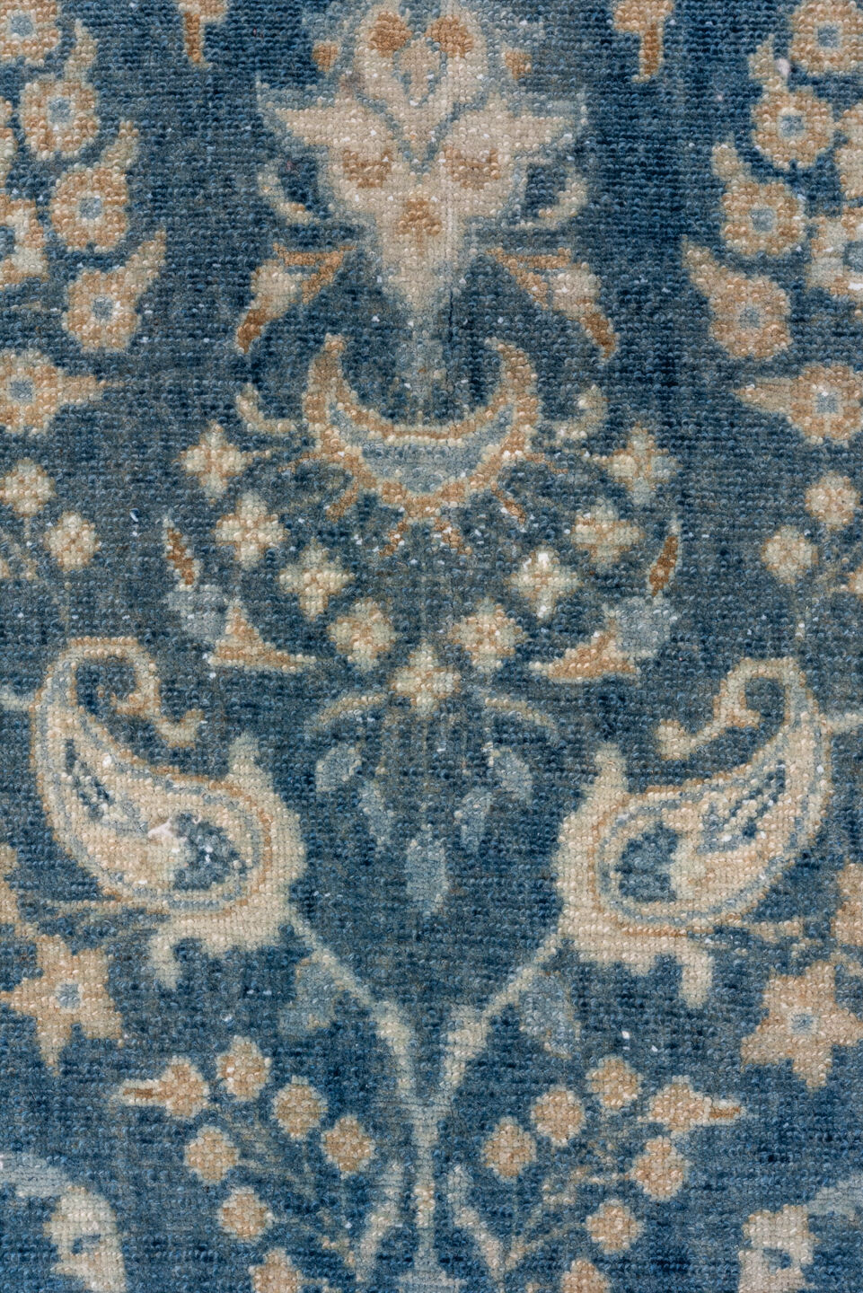 2' x 22' one-of-a-kind handmade vintage Lilian runner rug. Color palette: blue, gray, light gray, off-white, silver