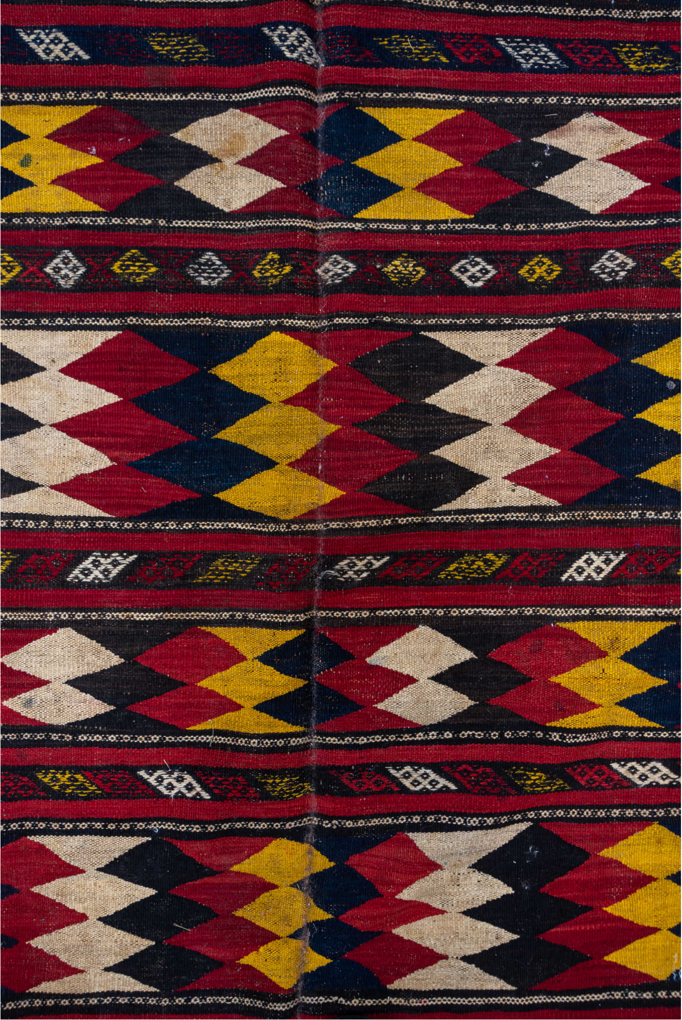 5' x 10' one-of-a-kind handmade vintage Kilim medium size rug. Color palette: black, brown, gray, light gray, off-white