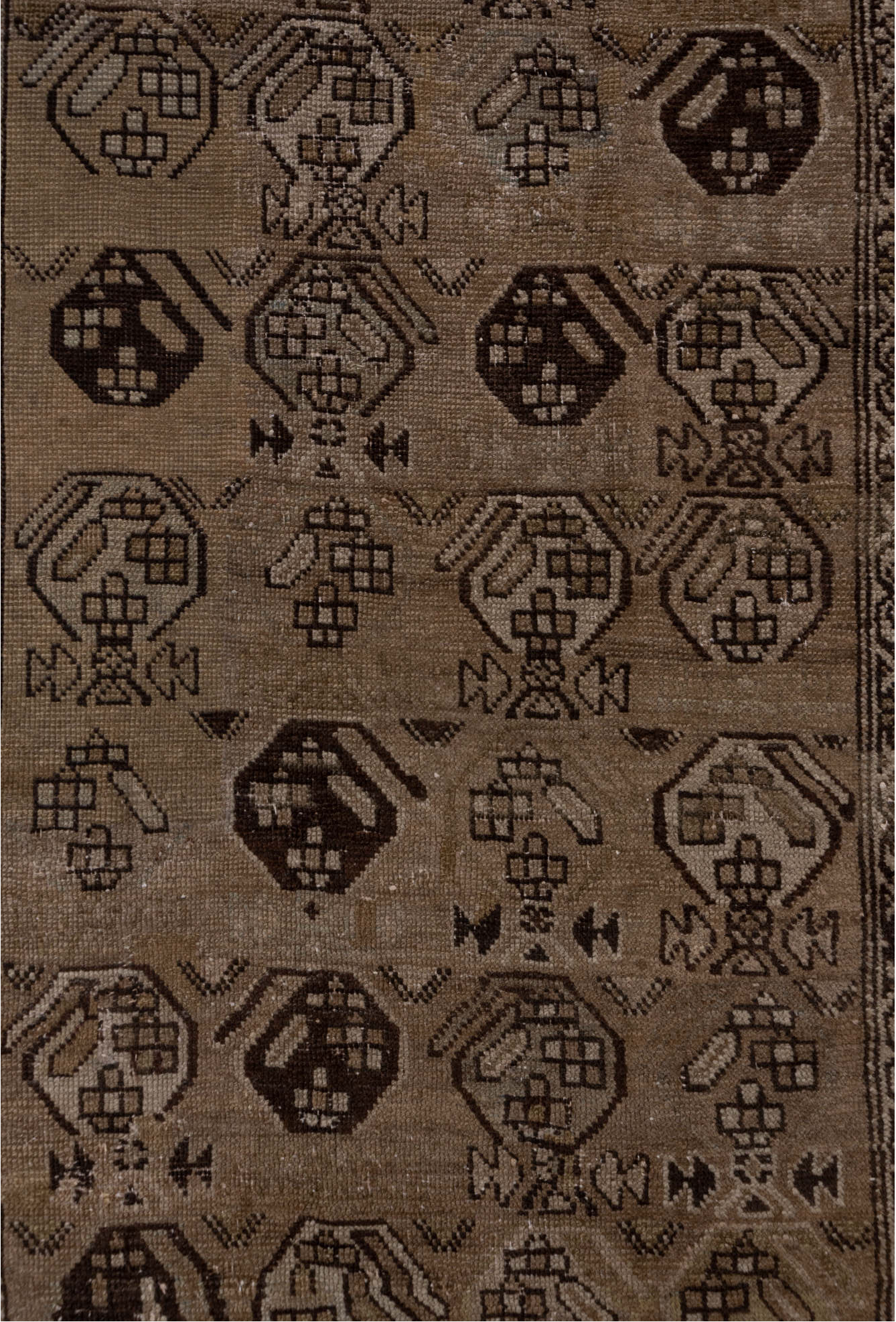 3' x 13' one-of-a-kind handmade vintage NW Persian runner rug. Color palette: brown, off-white, pink, snow, white