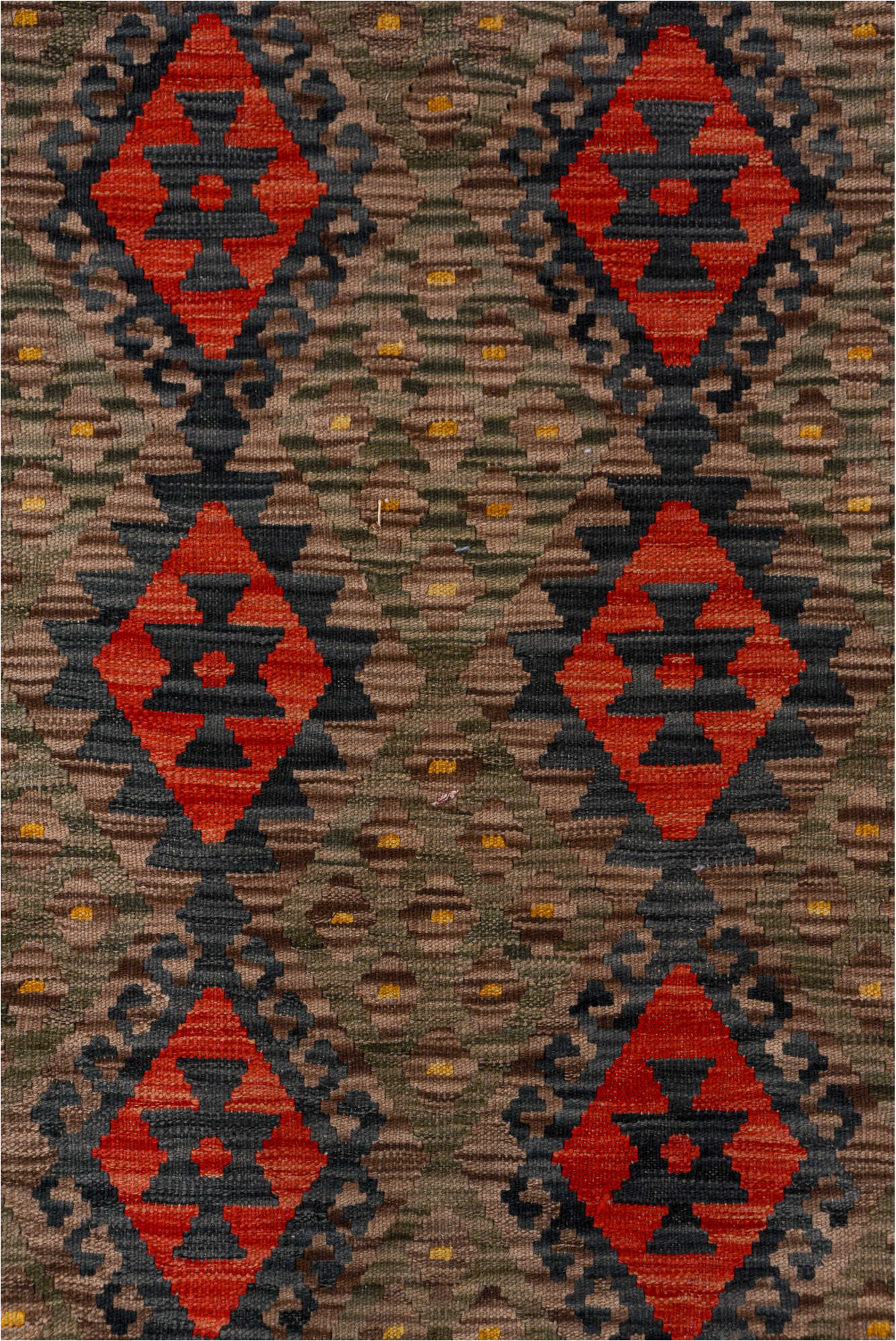 5' x 6' one-of-a-kind handmade vintage Kilim rug. Color palette: black, blue, brown, charcoal, dim gray, gray, pink, red
