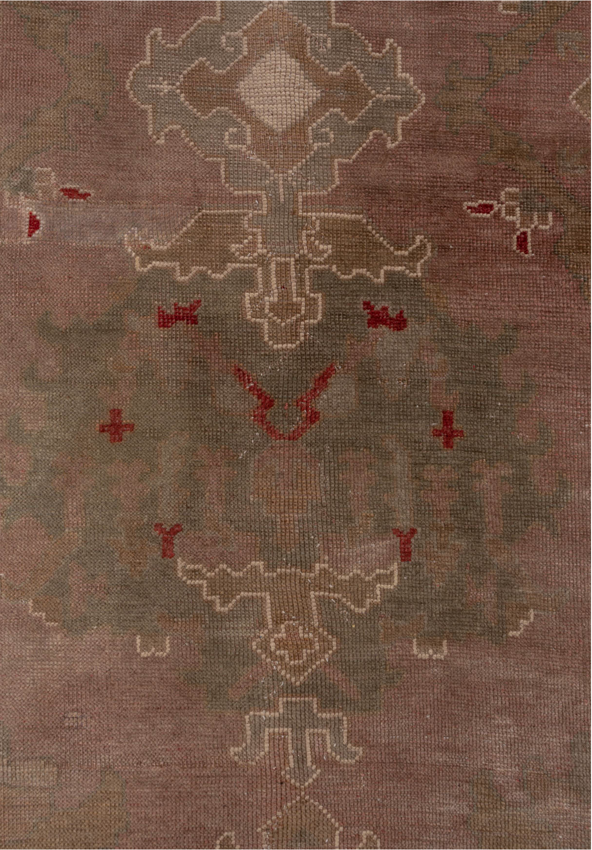 4' x 16' one-of-a-kind handmade vintage Oushak runner rug. Color palette: brown, gray, off-white, pink, red, snow, white