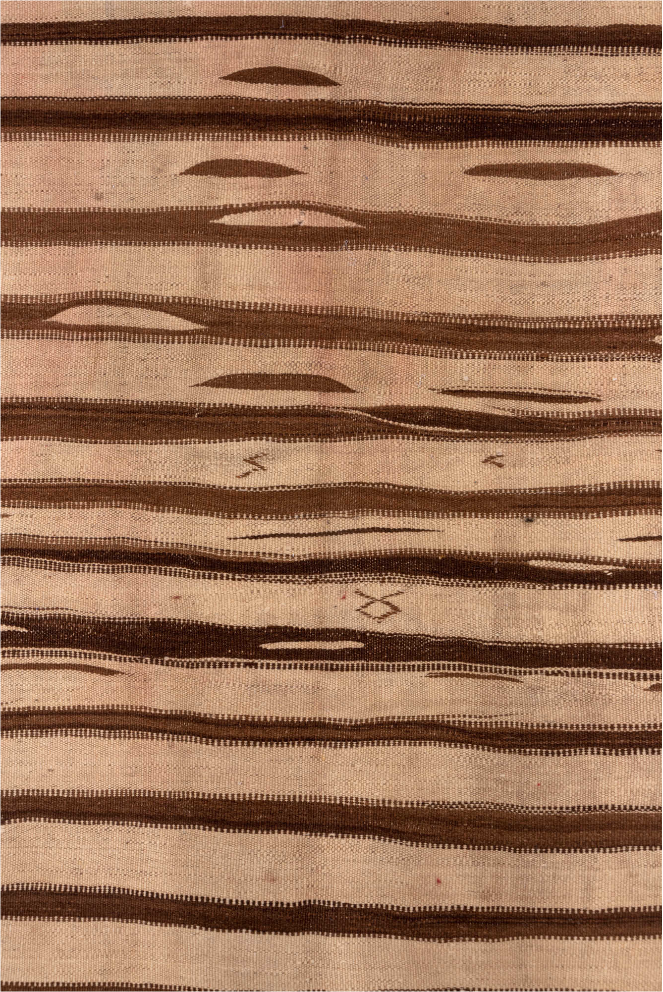 4' x 9' one-of-a-kind handmade vintage Kilim runner rug. Color palette: brown, light gray, off-white, pink, snow, white