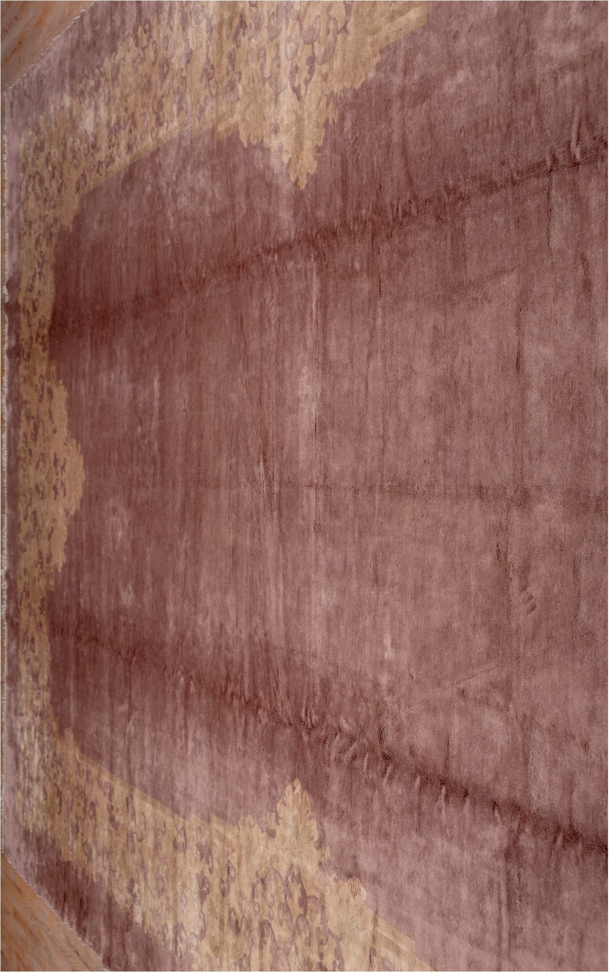 12' x 20' one-of-a-kind handmade vintage Chinese oversize rug. Color palette: brown, gray, light gray, off-white, pink, red