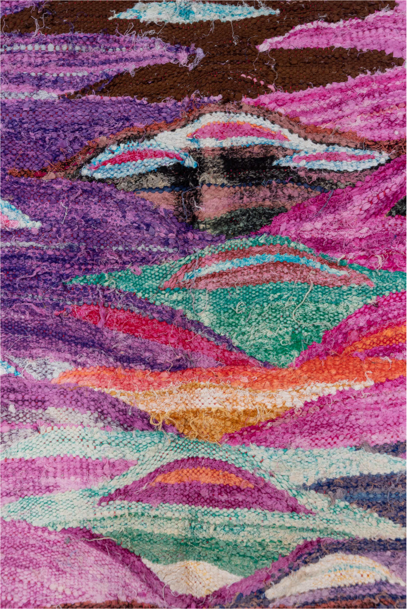 4' x 7' one-of-a-kind handmade vintage Rag Rug rug. Color palette: blue, brown, gray, green, light gray, off-white, pink