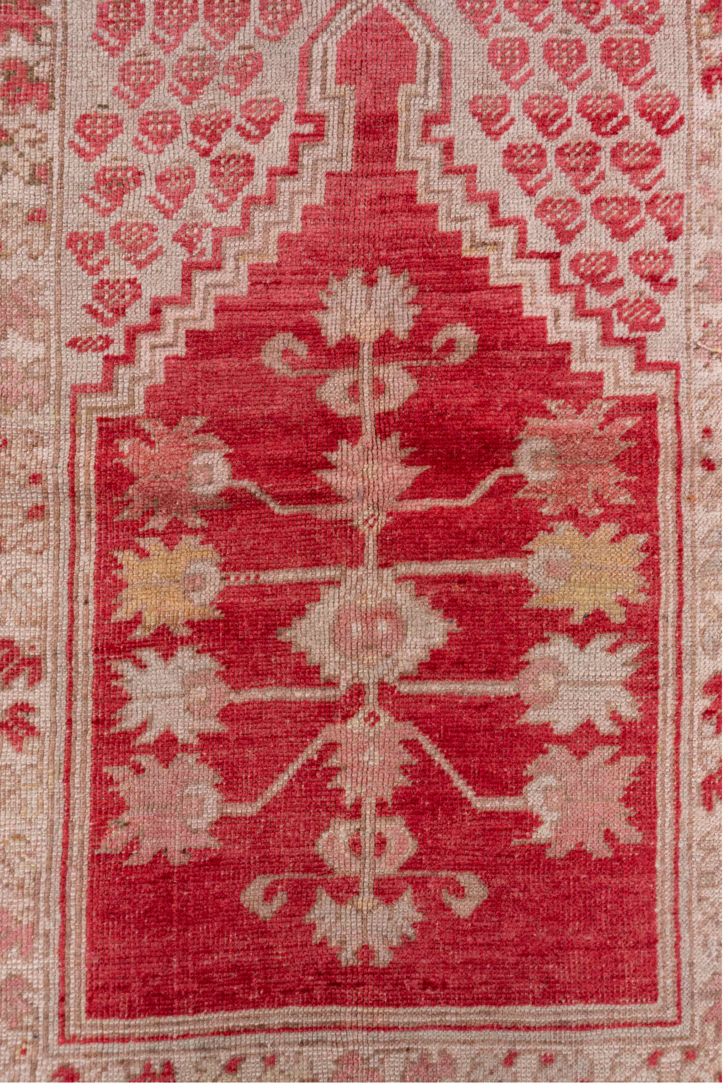 3' x 5' one-of-a-kind handmade vintage Oushak small size rug. Color palette: pink, gray, brown, red, light gray, off-white