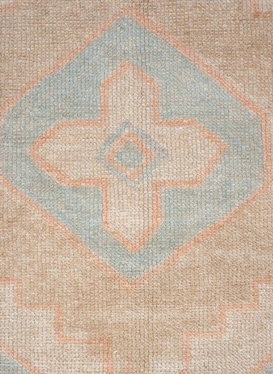 3' x 3' one-of-a-kind handmade vintage Oushak small size rug. Color palette: gray, off-white, pink, brown, orange