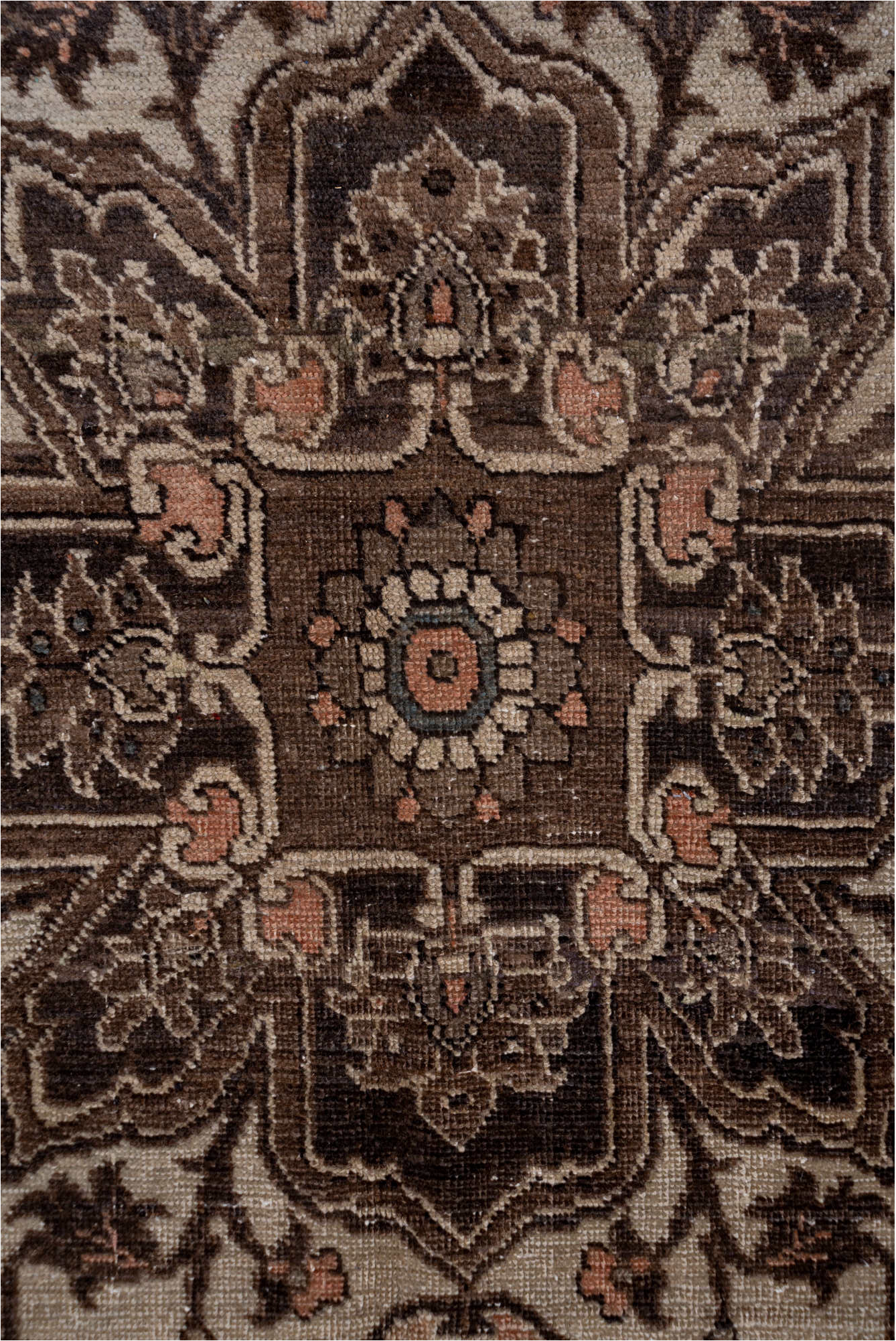 9' x 12' one-of-a-kind handmade vintage Heriz large size rug. Color palette: blue, brown, gray, light gray, off-white, pink