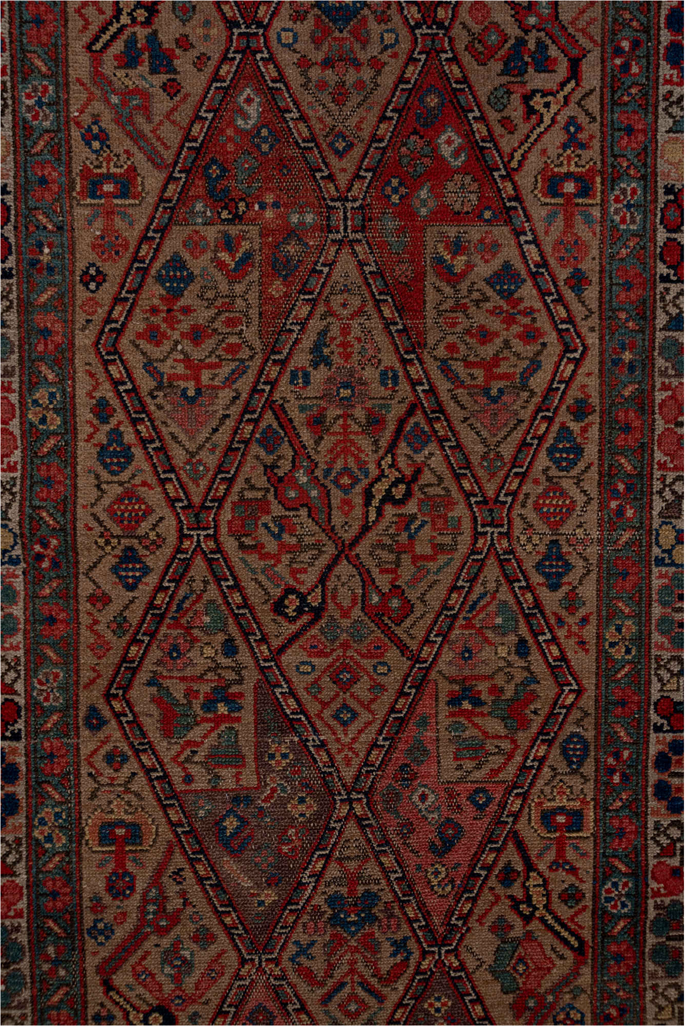 2' x 18' one-of-a-kind handmade vintage Cam Hamadan runner rug. Color palette: brown, gray, off-white, pink, red, snow