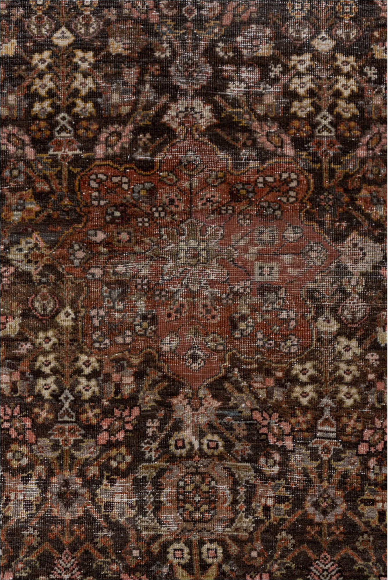 4' x 6' one-of-a-kind handmade vintage Far.Sarouk small size rug. Color palette: brown, gray, light gray, off-white, pink