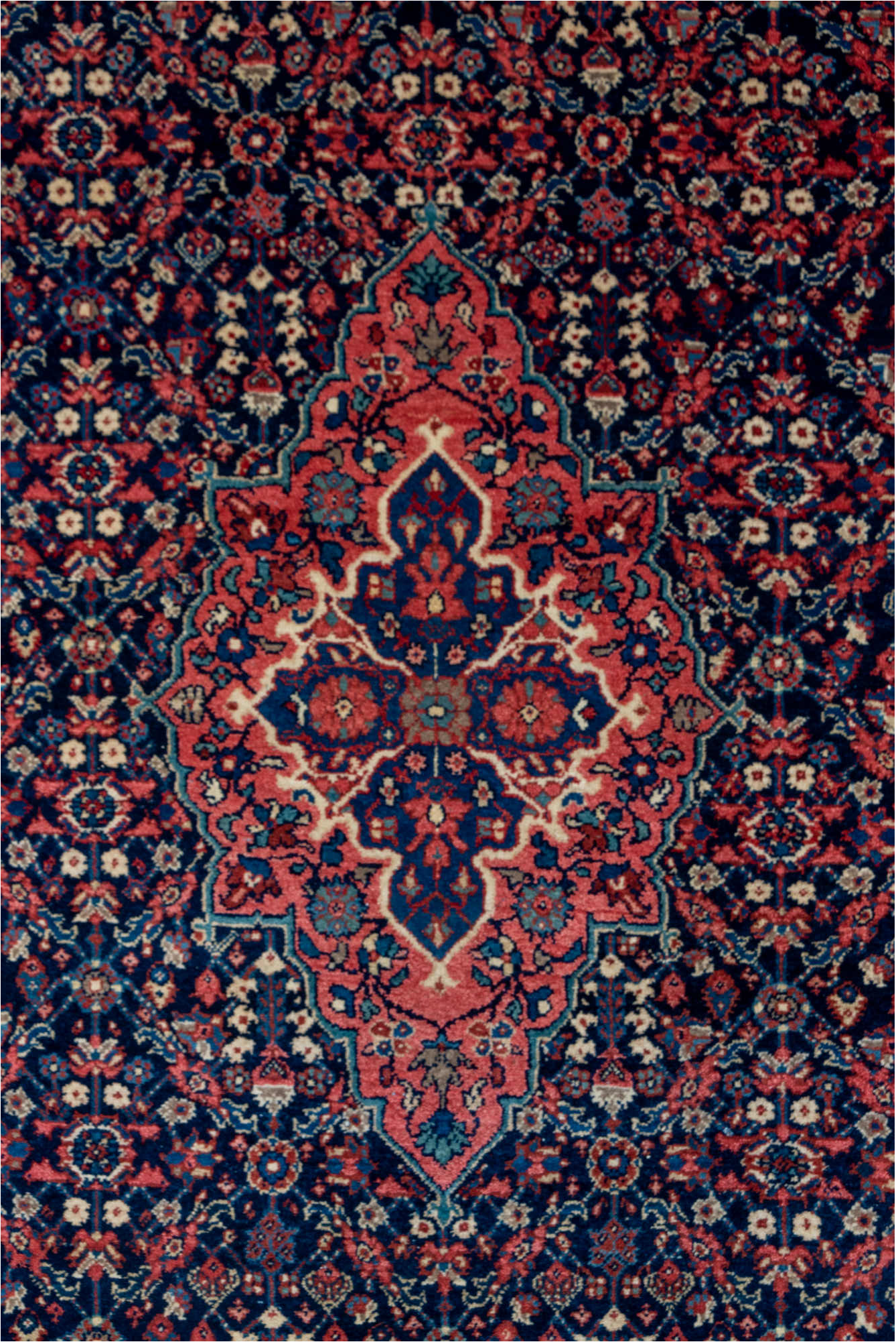 4' x 6' one-of-a-kind handmade vintage Meighan small size rug. Color palette: black, brown, gray, off-white, orange, pink