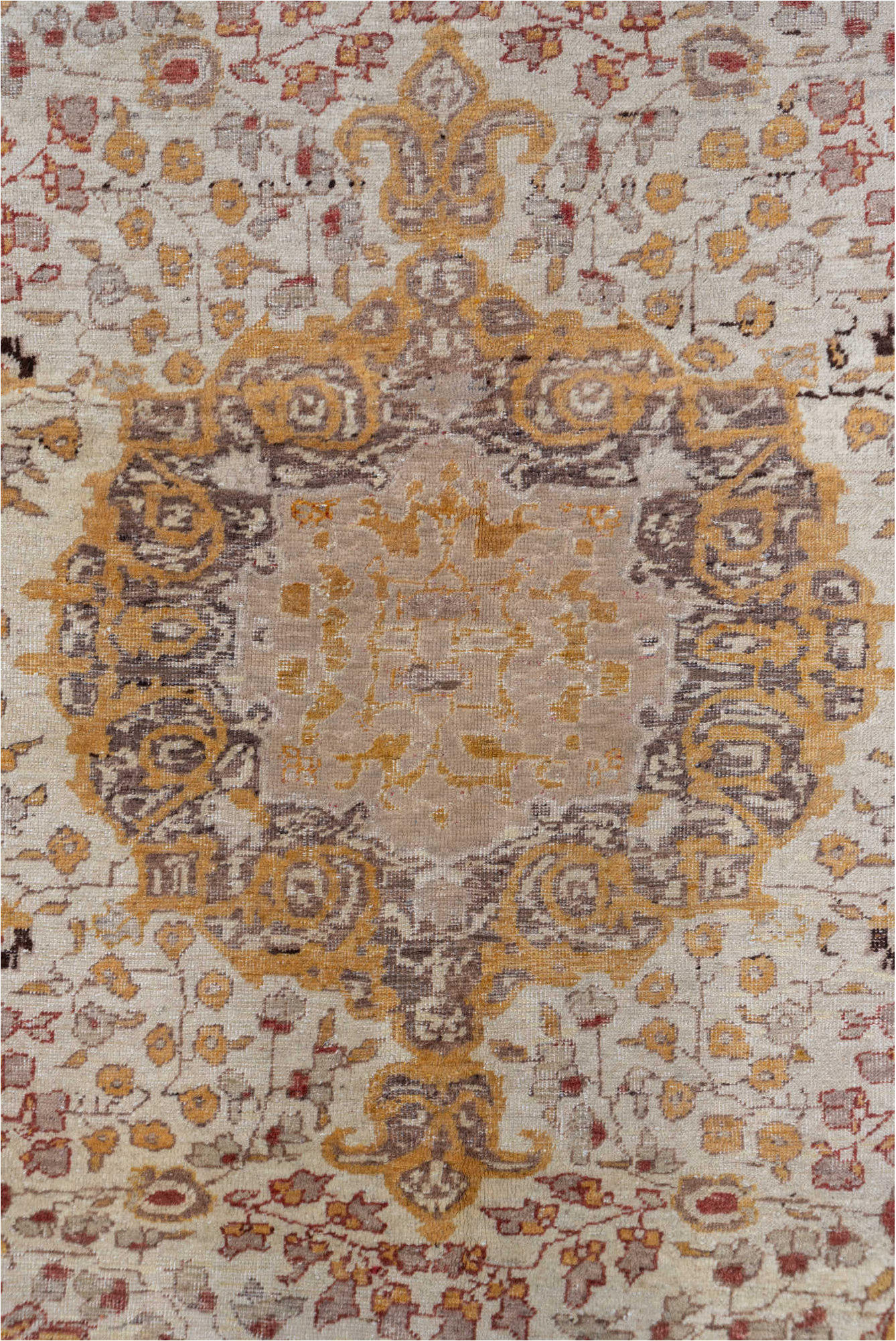 4' x 7' one-of-a-kind handmade vintage Oushak rug. Color palette: brown, burlywood, off-white, orange, pink, yellow