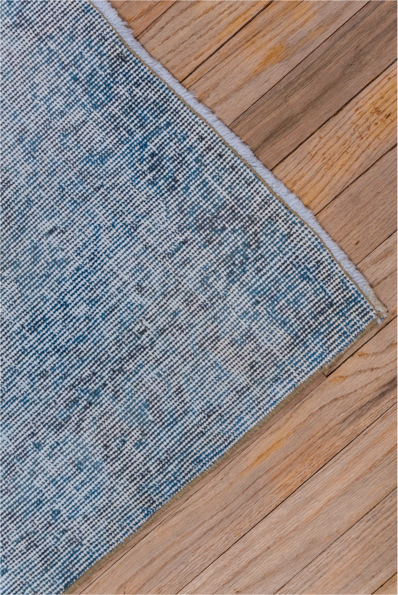 3' x 6' one-of-a-kind handmade vintage Overdyed small size rug. Color palette: blue, fiord, gray, light blue, light gray