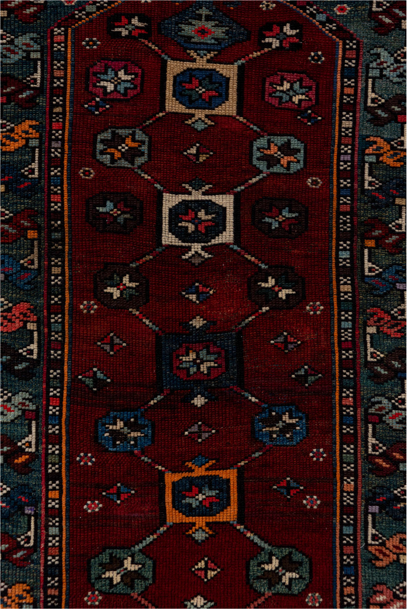 4' x 5' one-of-a-kind handmade vintage Shirvan small size rug. Color palette: black, blue, brown, dim gray, fiord