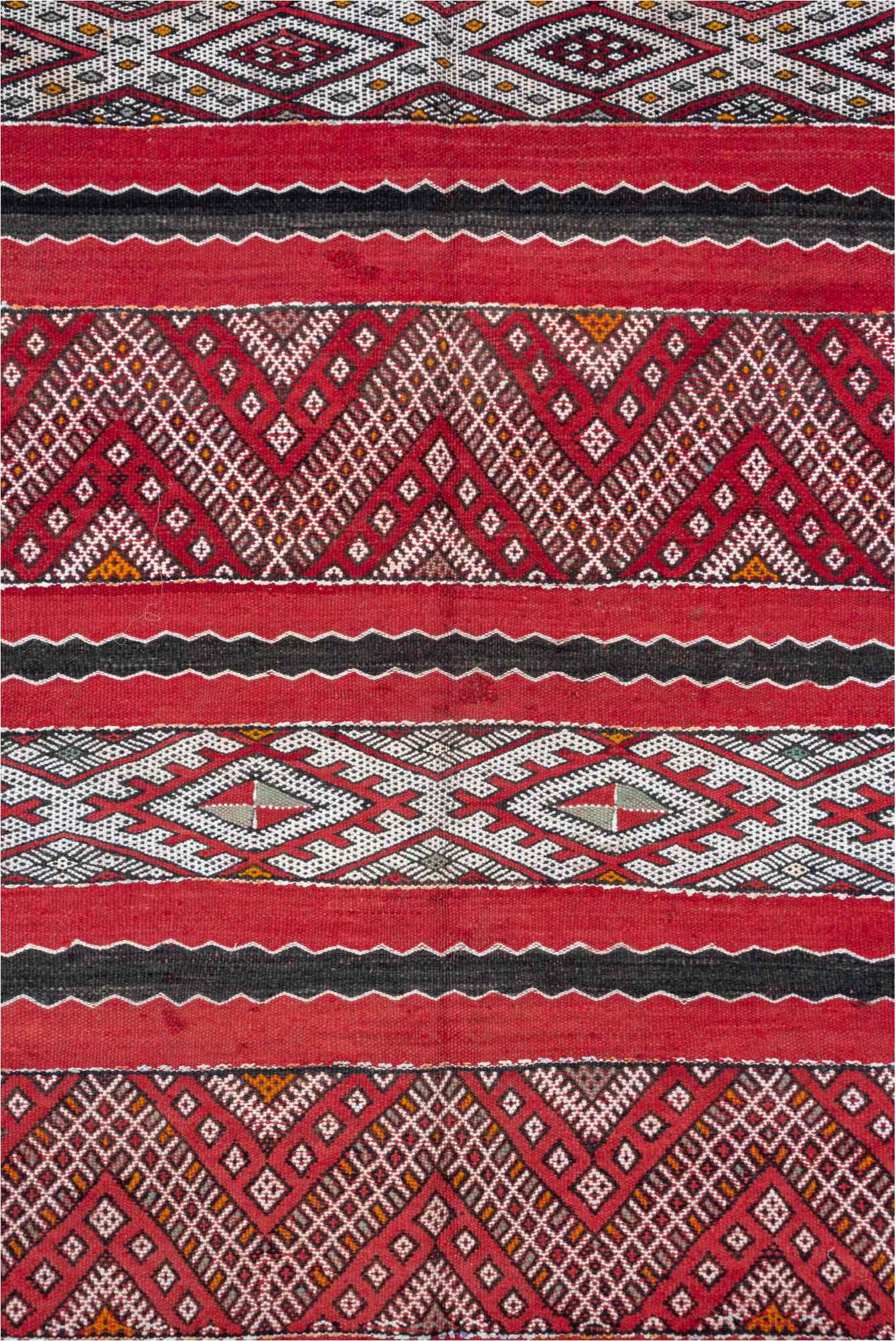 4' x 8' one-of-a-kind handmade vintage Kilim rug. Color palette: brown, gray, light gray, off-white, pink, red