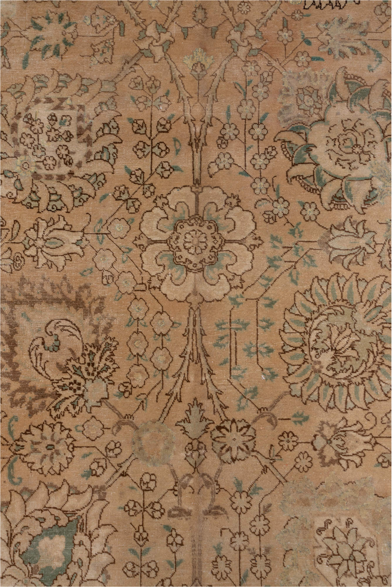 11' x 12' one-of-a-kind handmade vintage Sivas rug. Color palette: brown, gray, light gray, off-white, orange, pink, snow