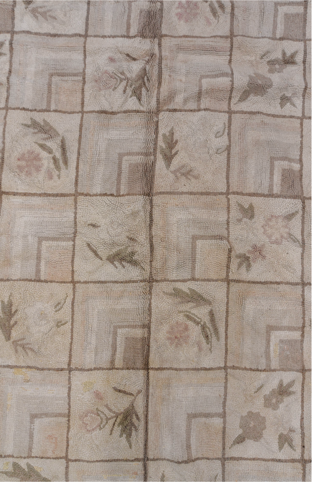 9' x 13' one-of-a-kind handmade vintage Hooked large size rug. Color palette: brown, gray, light gray, off-white, pink