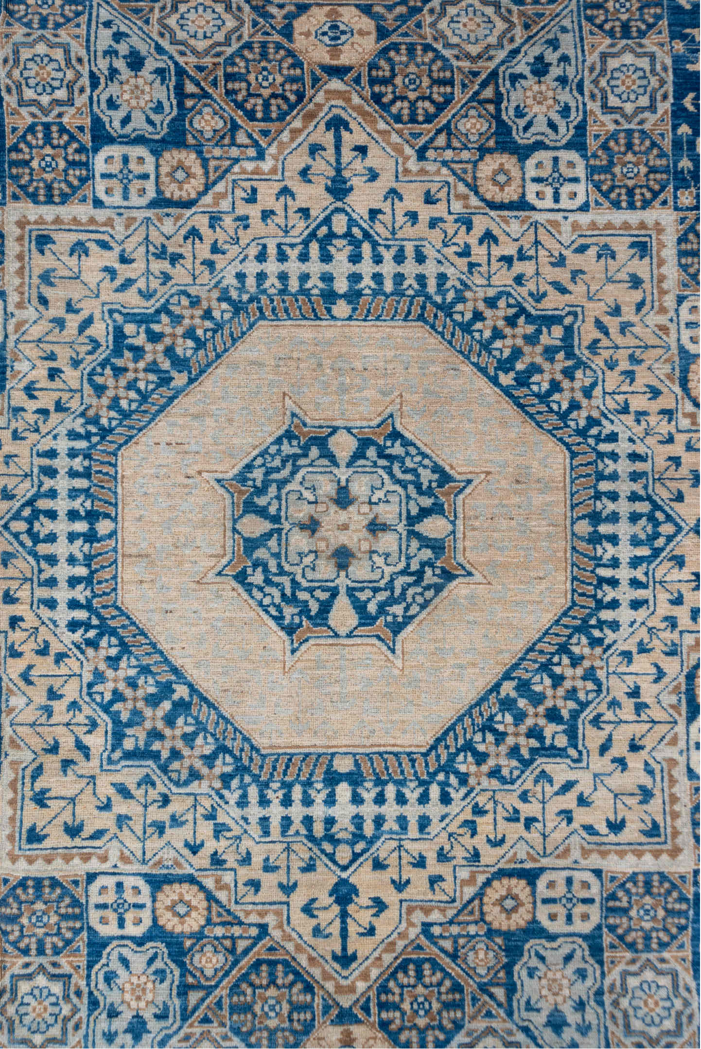 8' x 10' one-of-a-kind handmade vintage Afghan large size rug. Color palette: gray, blue, light gray, off-white, silver