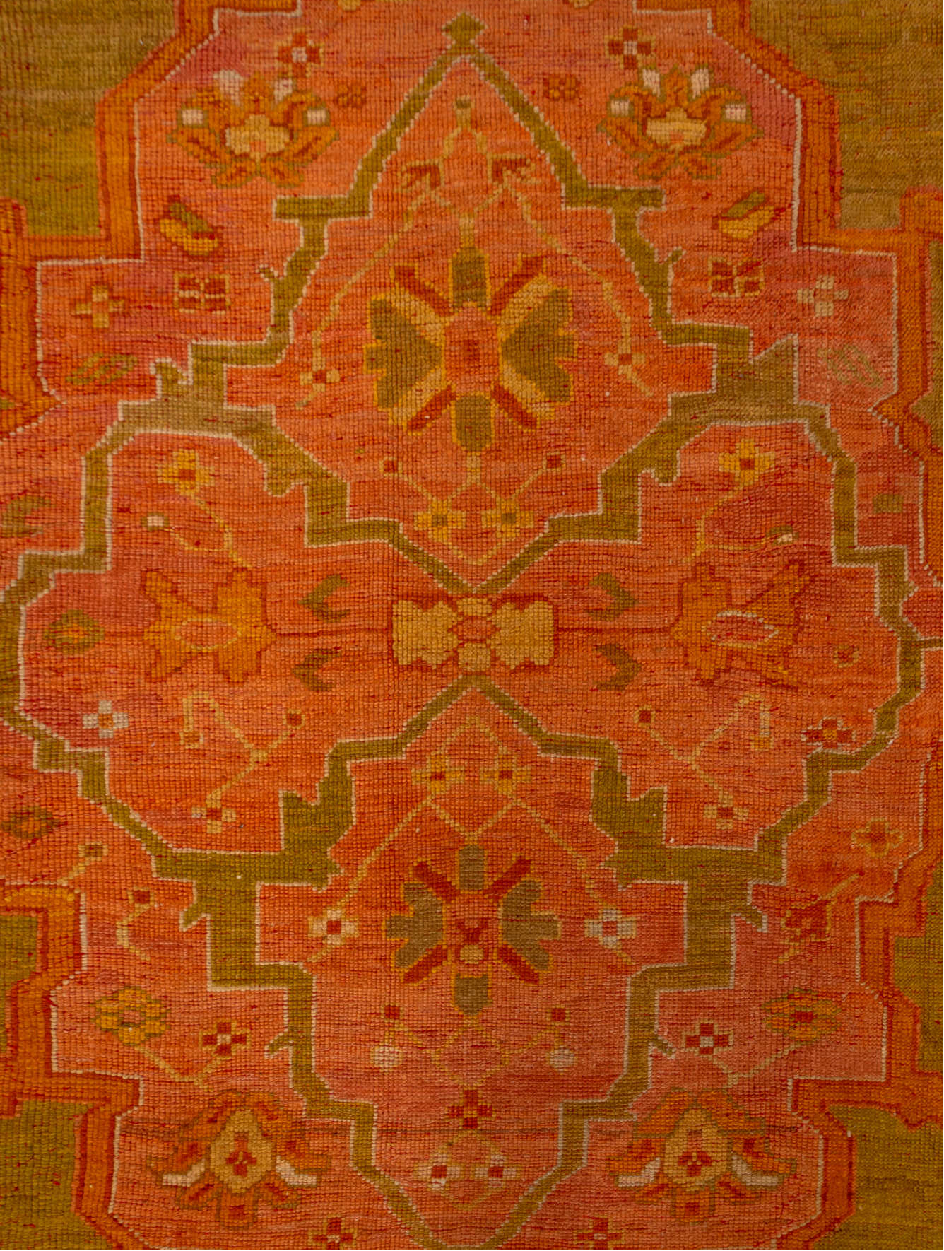 11' x 14' one-of-a-kind handmade vintage Oushak oversize rug. Color palette: brown, orange, peru, pink, red, yellow