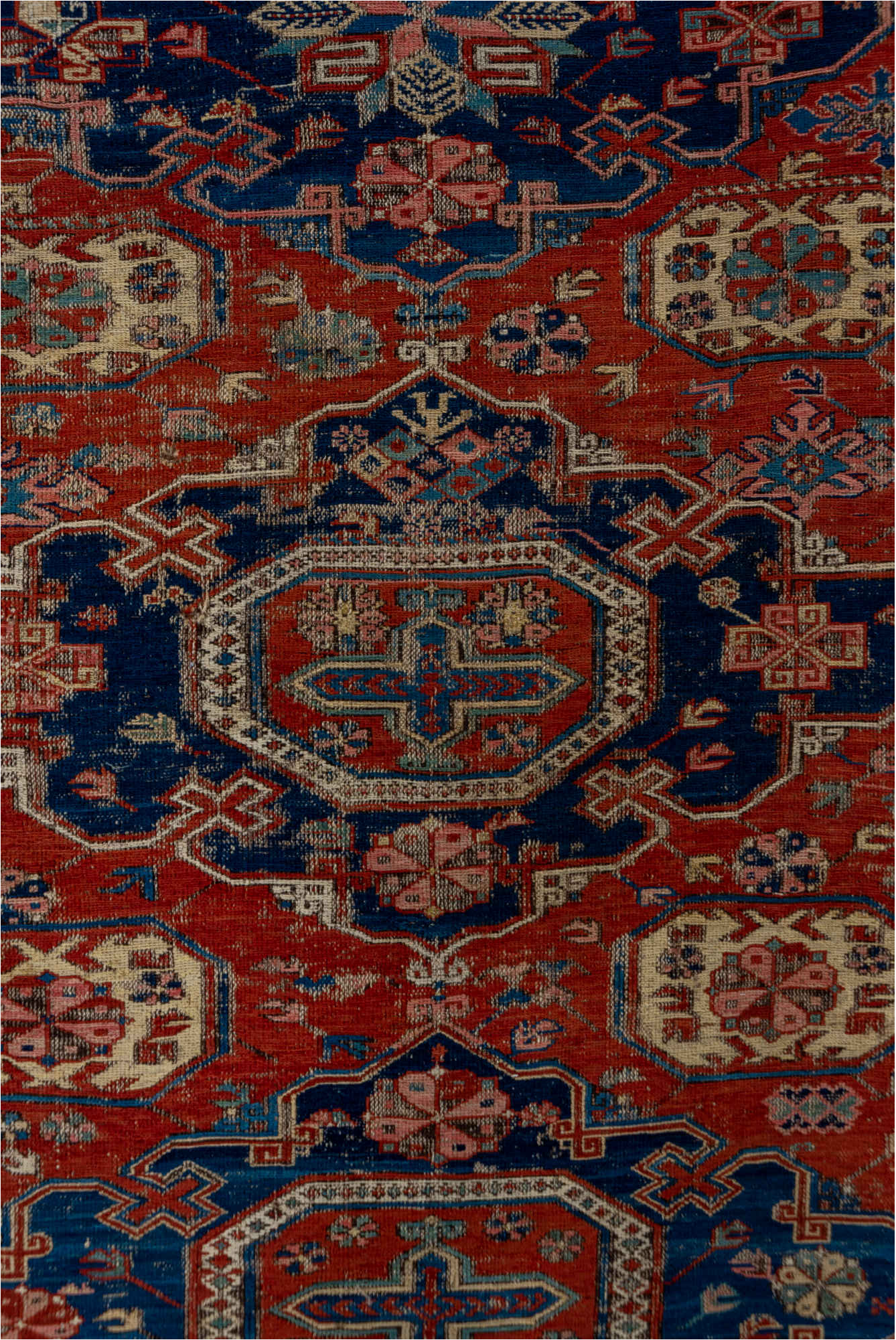 4' x 6' one-of-a-kind handmade vintage Sumak small size rug. Color palette: blue, brown, gray, light gray, pink, red