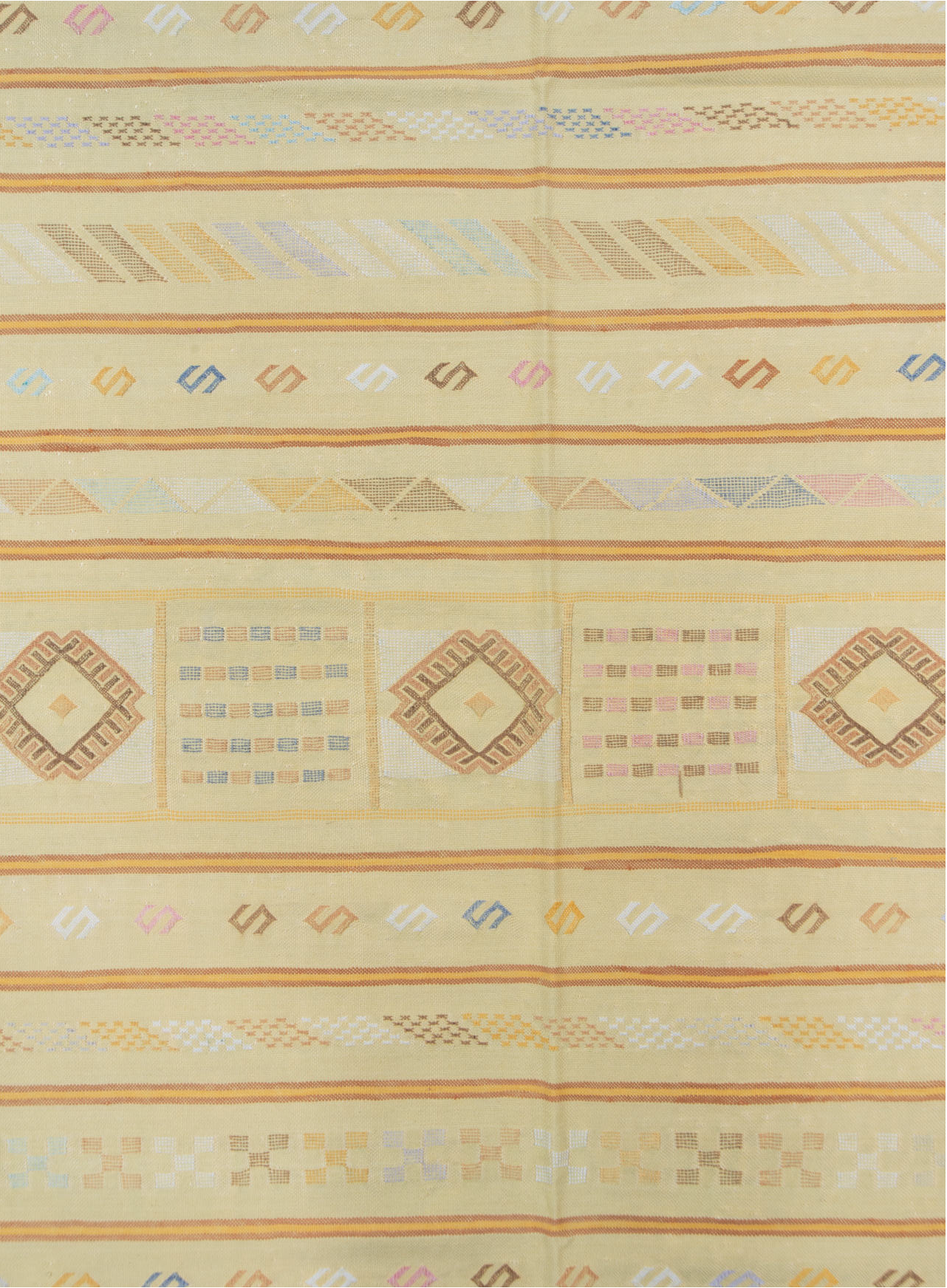 5' x 8' one-of-a-kind handmade vintage Cactus Kilim medium size rug. Color palette: brown, yellow, off-white, orange