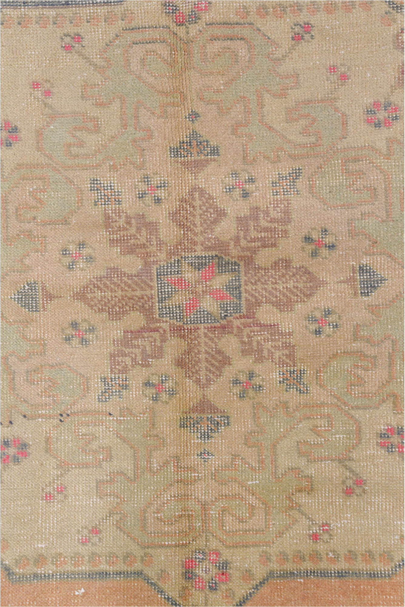 4' x 7' one-of-a-kind handmade vintage Oushak rug. Color palette: brown, gray, light gray, off-white, pink