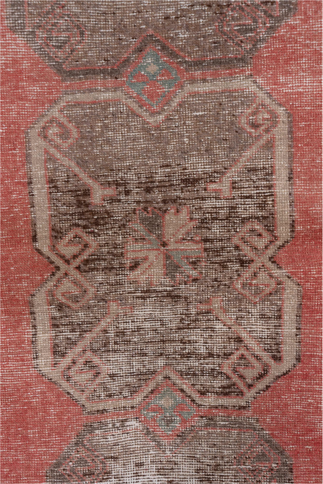 2' x 7' one-of-a-kind handmade vintage Oushak runner rug. Color palette: brown, gray, light gray, off-white, pink, red