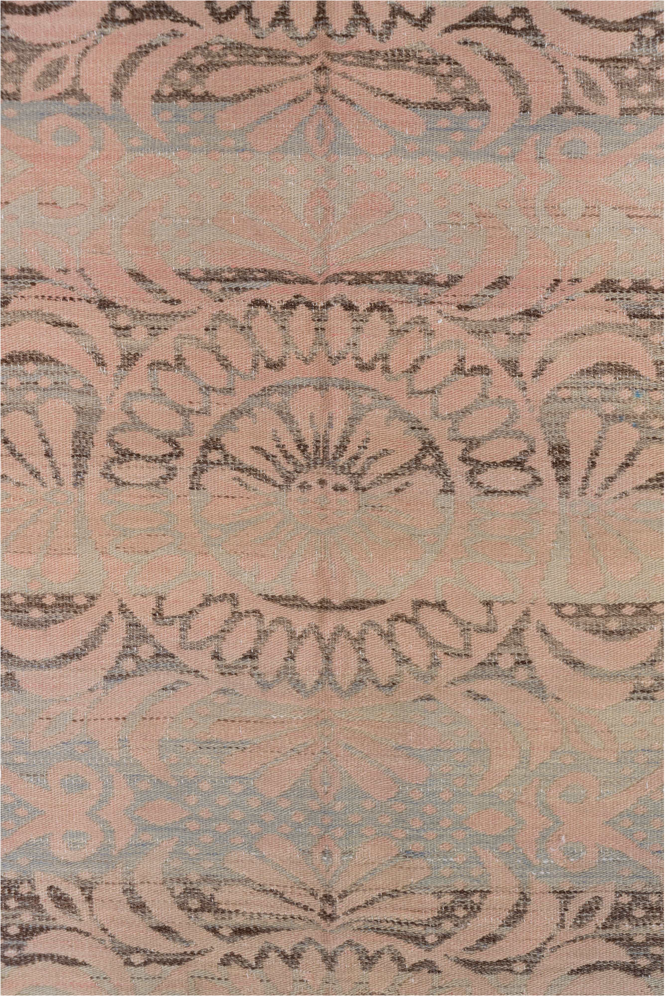 5' x 7' one-of-a-kind handmade vintage Kilim rug. Color palette: brown, gray, light gray, off-white, pink, snow, white