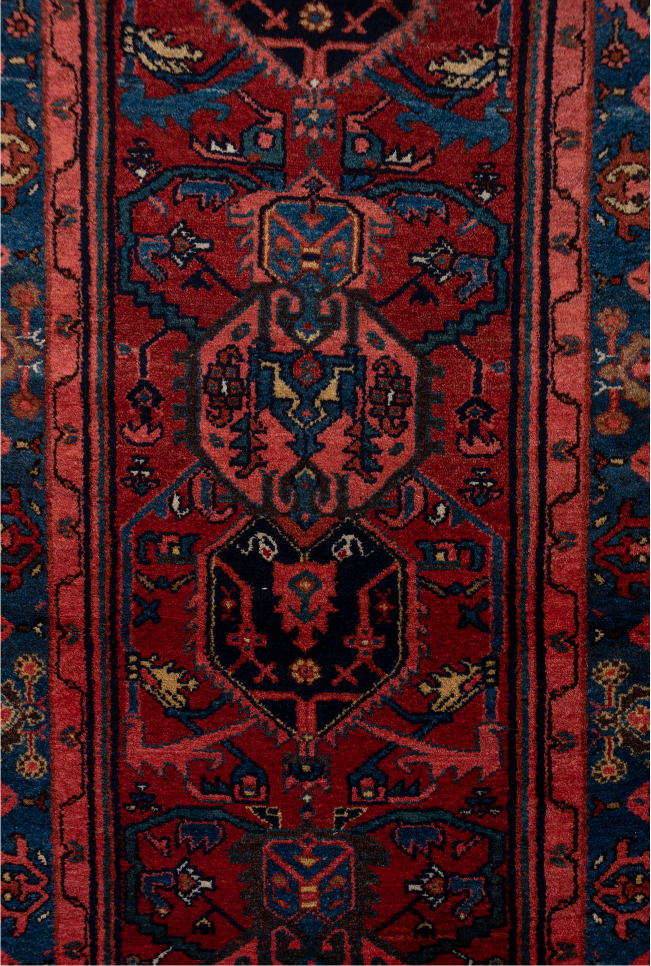 2' x 16' one-of-a-kind handmade vintage Malayer runner rug. Color palette: black, blue, brown, gray, off-white, pink, red