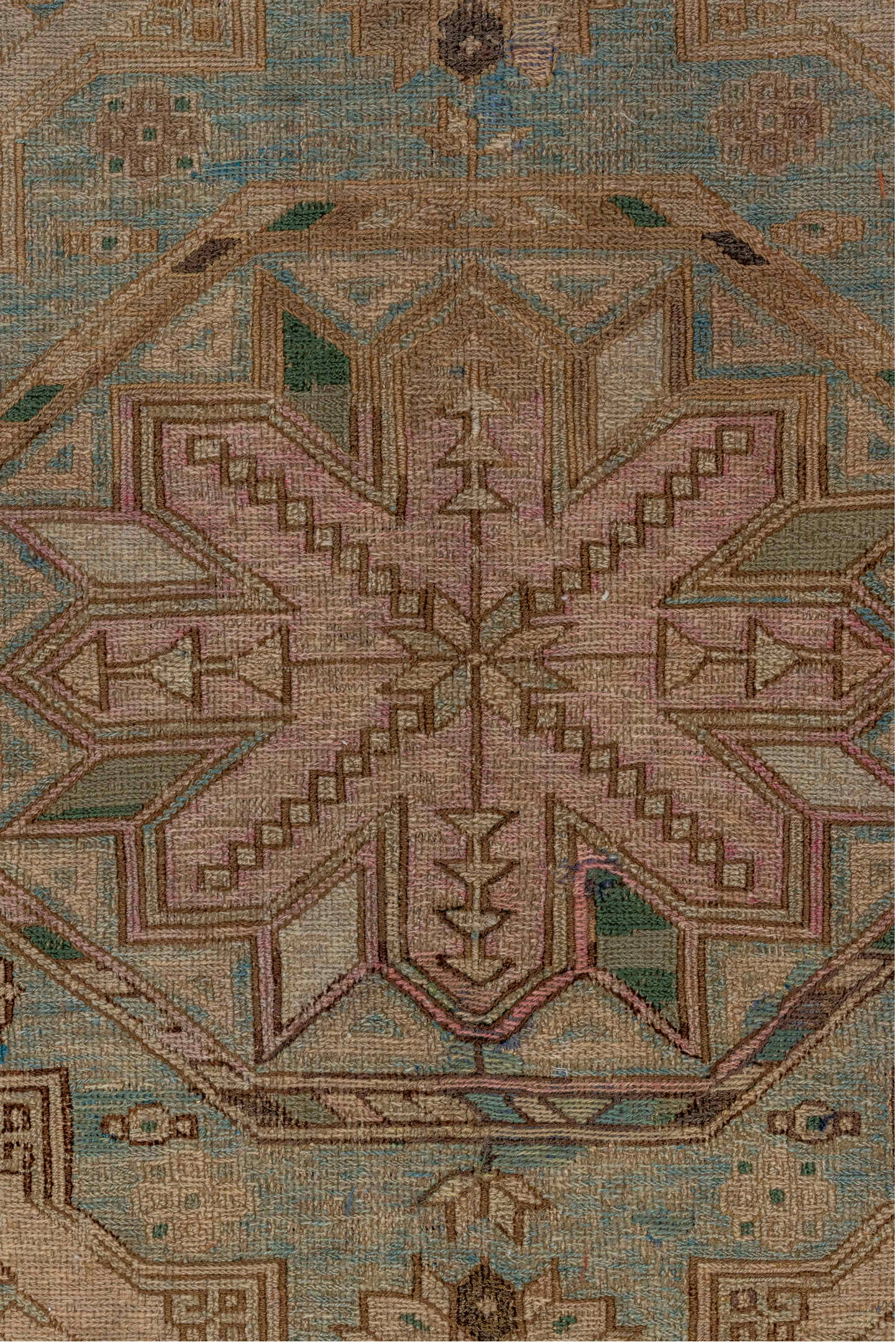 7' x 12' one-of-a-kind handmade vintage Sumak large size rug. Color palette: gray, brown, pink, off-white, white, snow