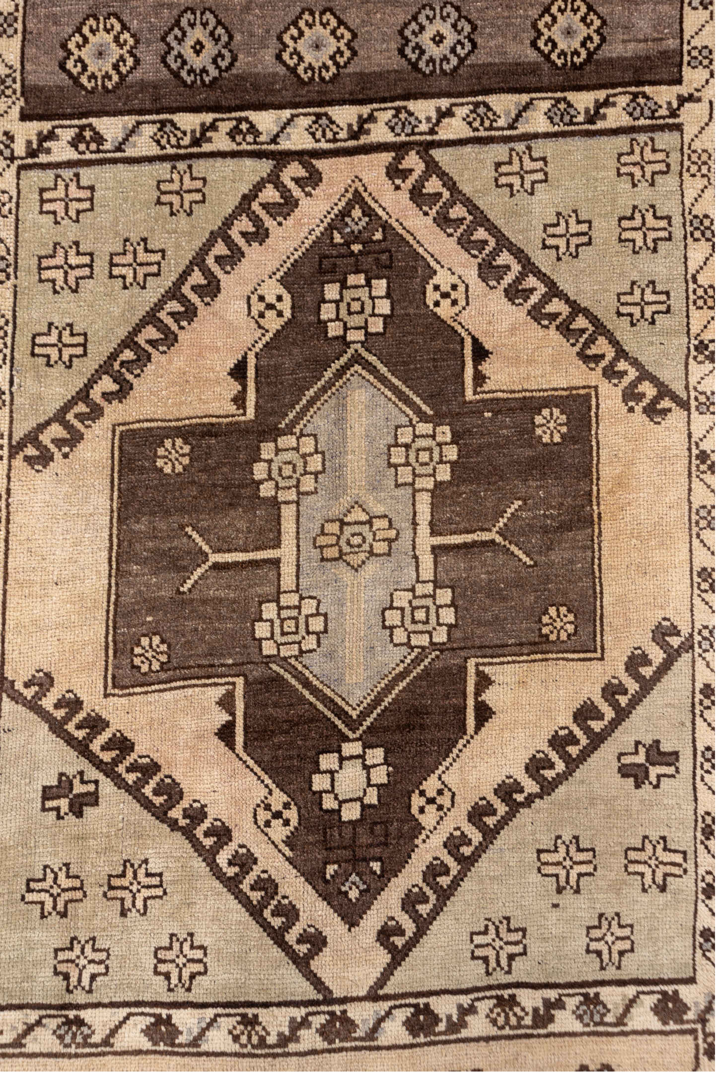 3' x 14' one-of-a-kind handmade vintage Oushak runner rug. Color palette: brown, gray, pink, light gray, off-white, white