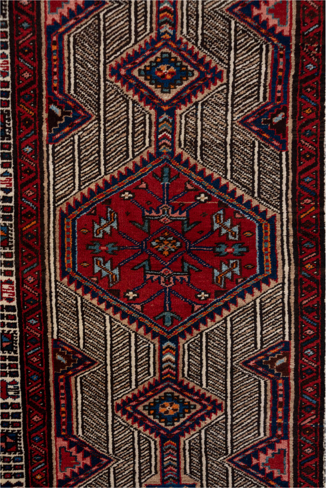 3' x 17' one-of-a-kind handmade vintage Sarab runner rug. Color palette: blue, brown, gray, light gray, pink, red, redwood