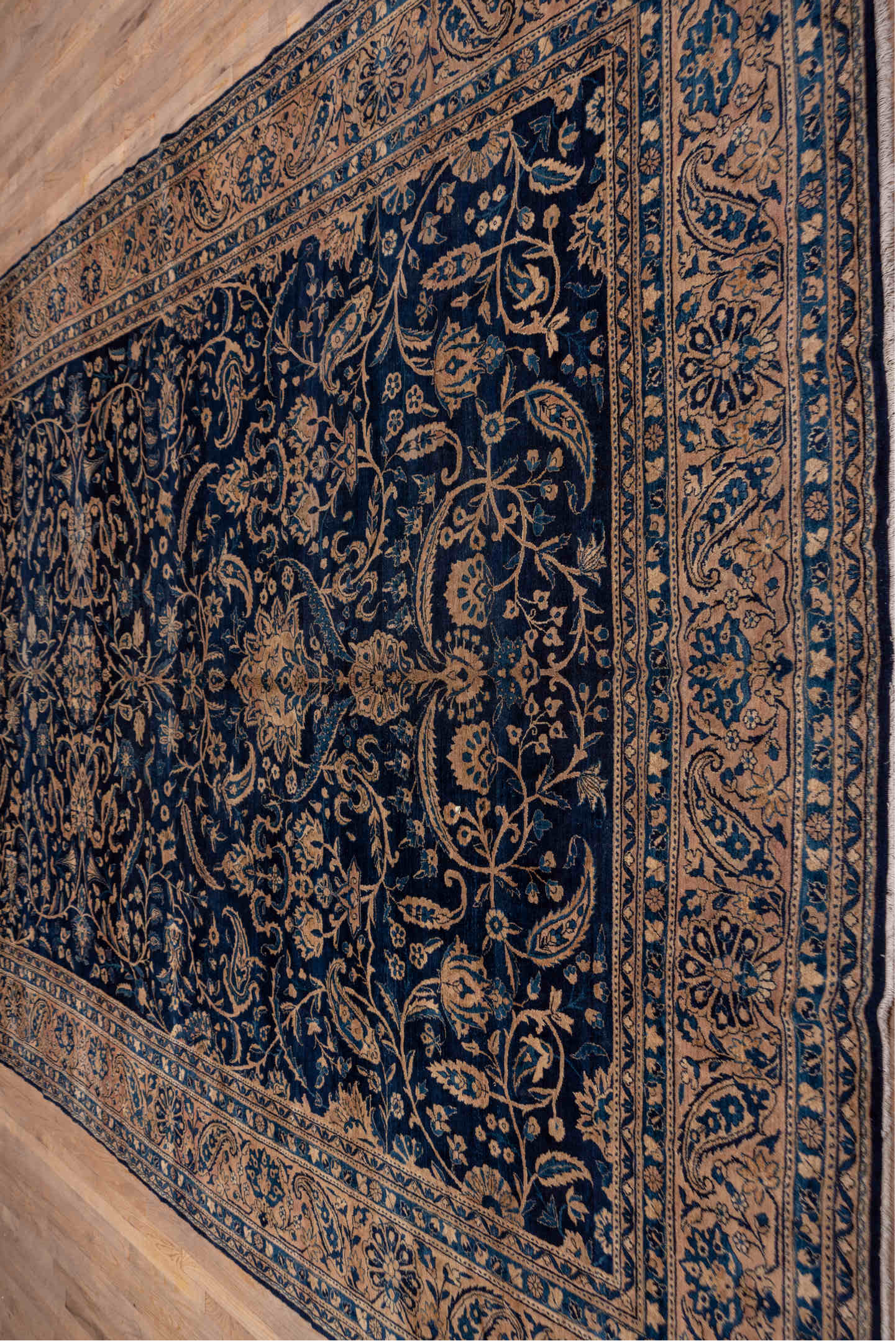 9' x 18' one-of-a-kind handmade vintage Kerman rug. Color palette: blue, gray, brown, pink, orange, dim gray