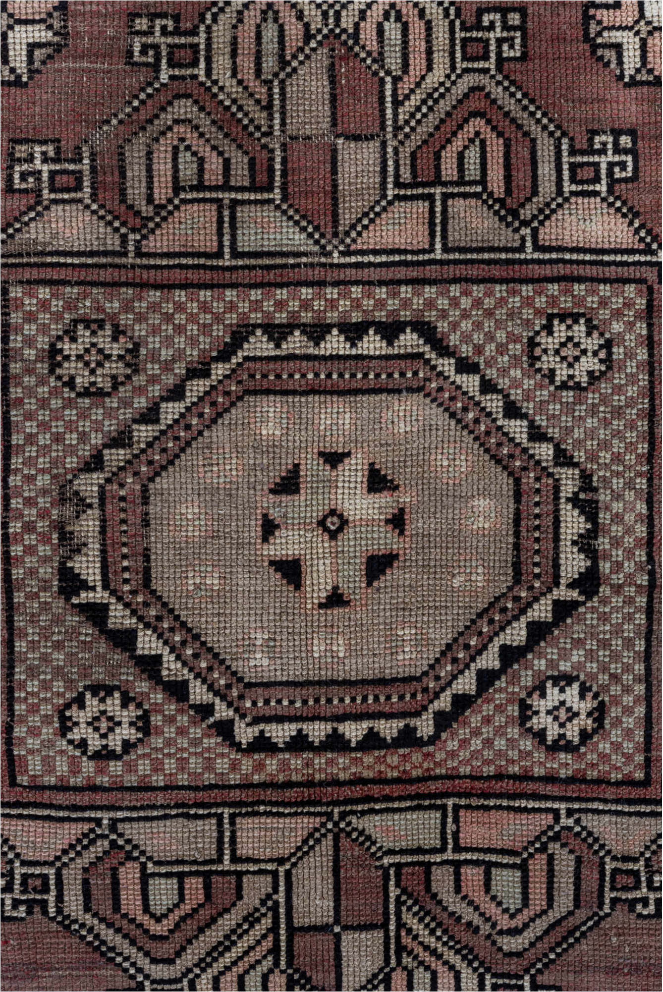 5' x 7' one-of-a-kind handmade vintage Oushak rug. Color palette: black, brown, gray, light gray, pink
