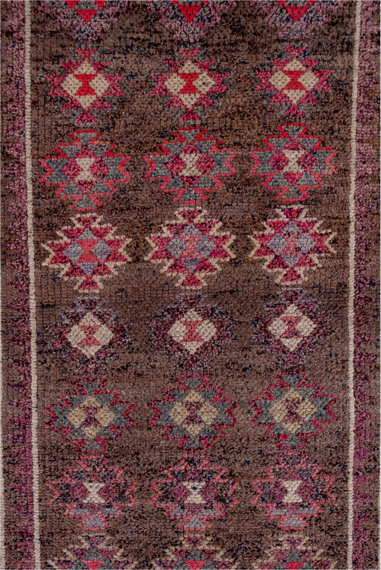 3' x 12' one-of-a-kind handmade vintage Kars runner rug. Color palette: brown, gray, light gray, pink, red