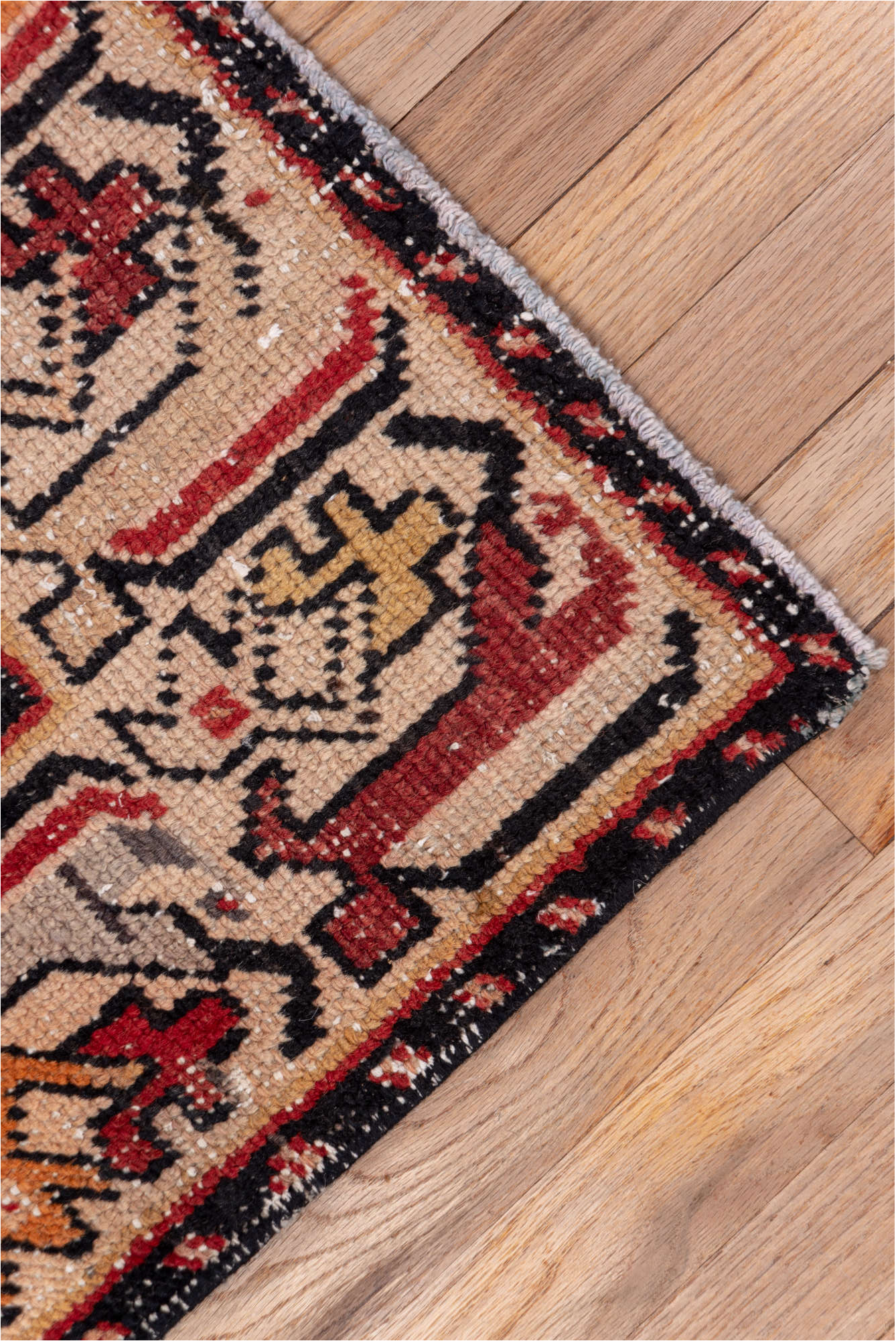 3' x 8' one-of-a-kind handmade vintage Oushak runner rug. Color palette: black, brown, charcoal, gray, pink, red, redwood