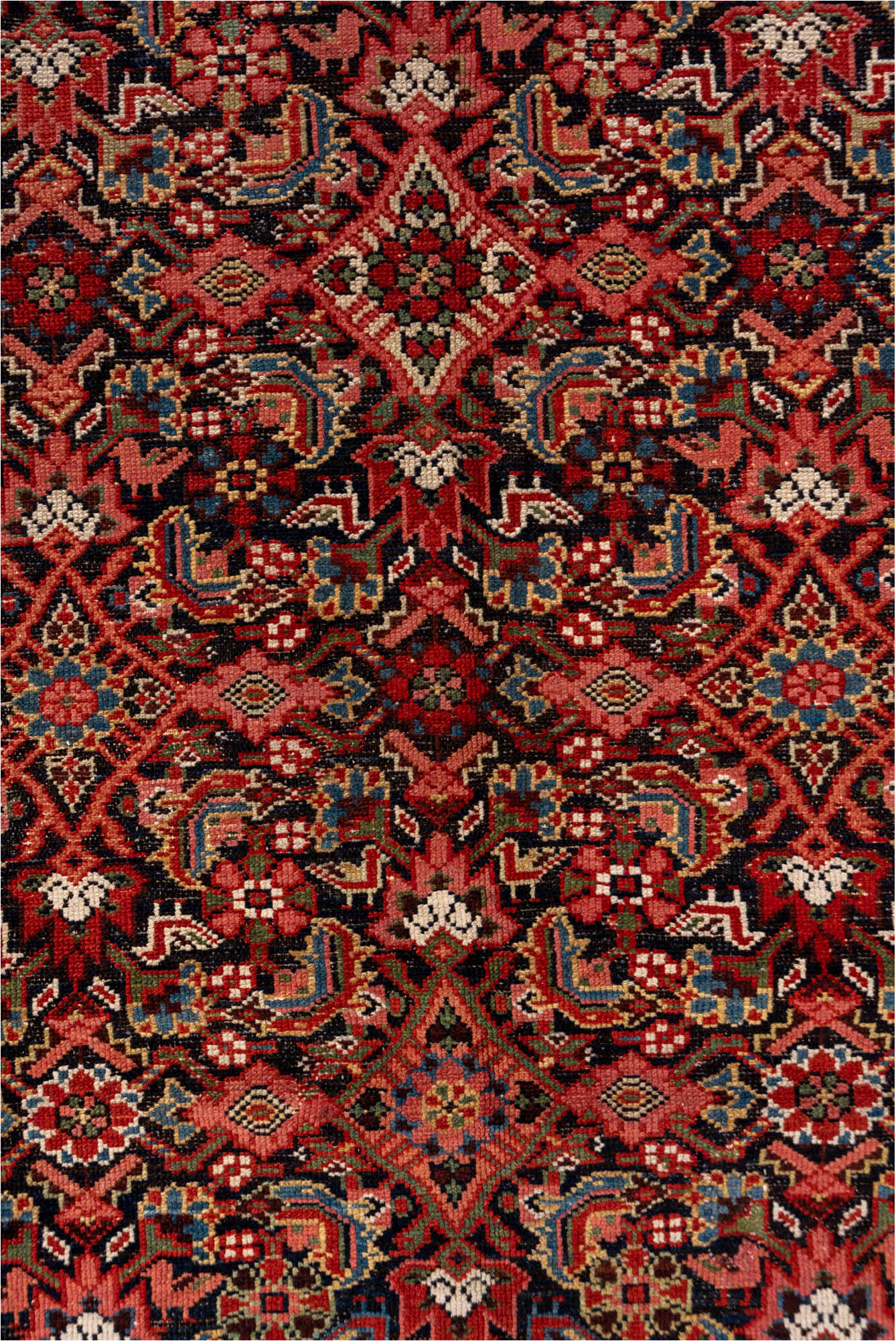 7' x 16' one-of-a-kind handmade vintage Malayer rug. Color palette: brown, gray, pink, red