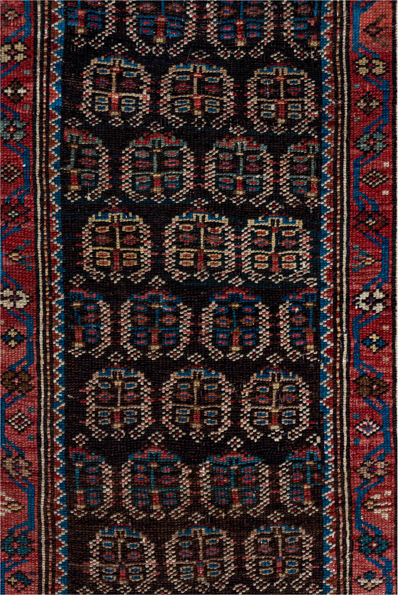 2' x 12' one-of-a-kind handmade vintage Caucasian runner rug. Color palette: black, brown, charcoal, gray, off-white, pink