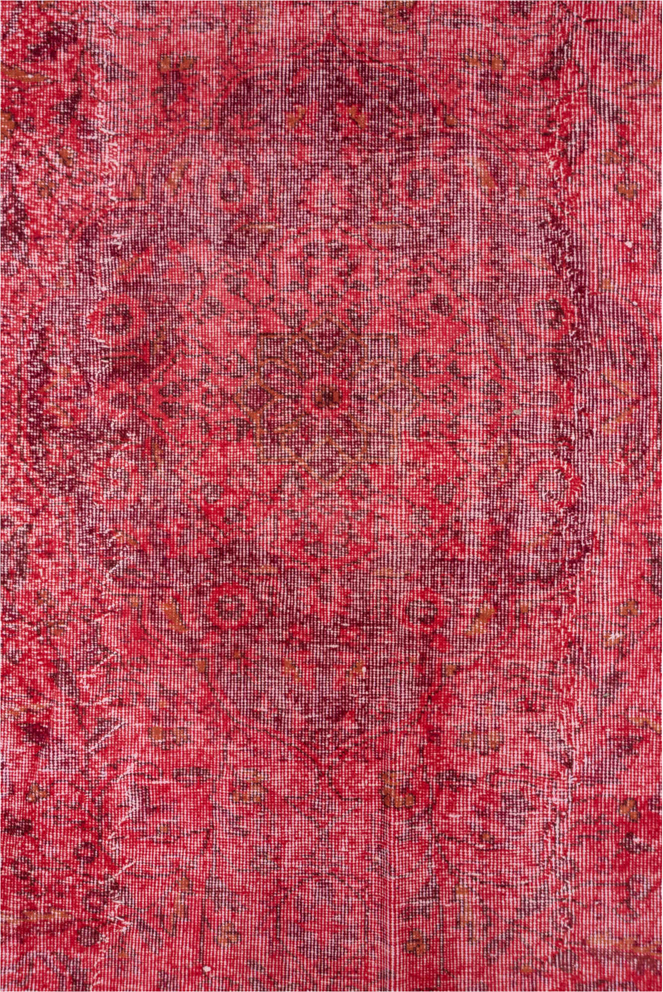 5' x 9' one-of-a-kind handmade vintage Overdyed medium size rug. Color palette: brown, indian red, light coral, light pink